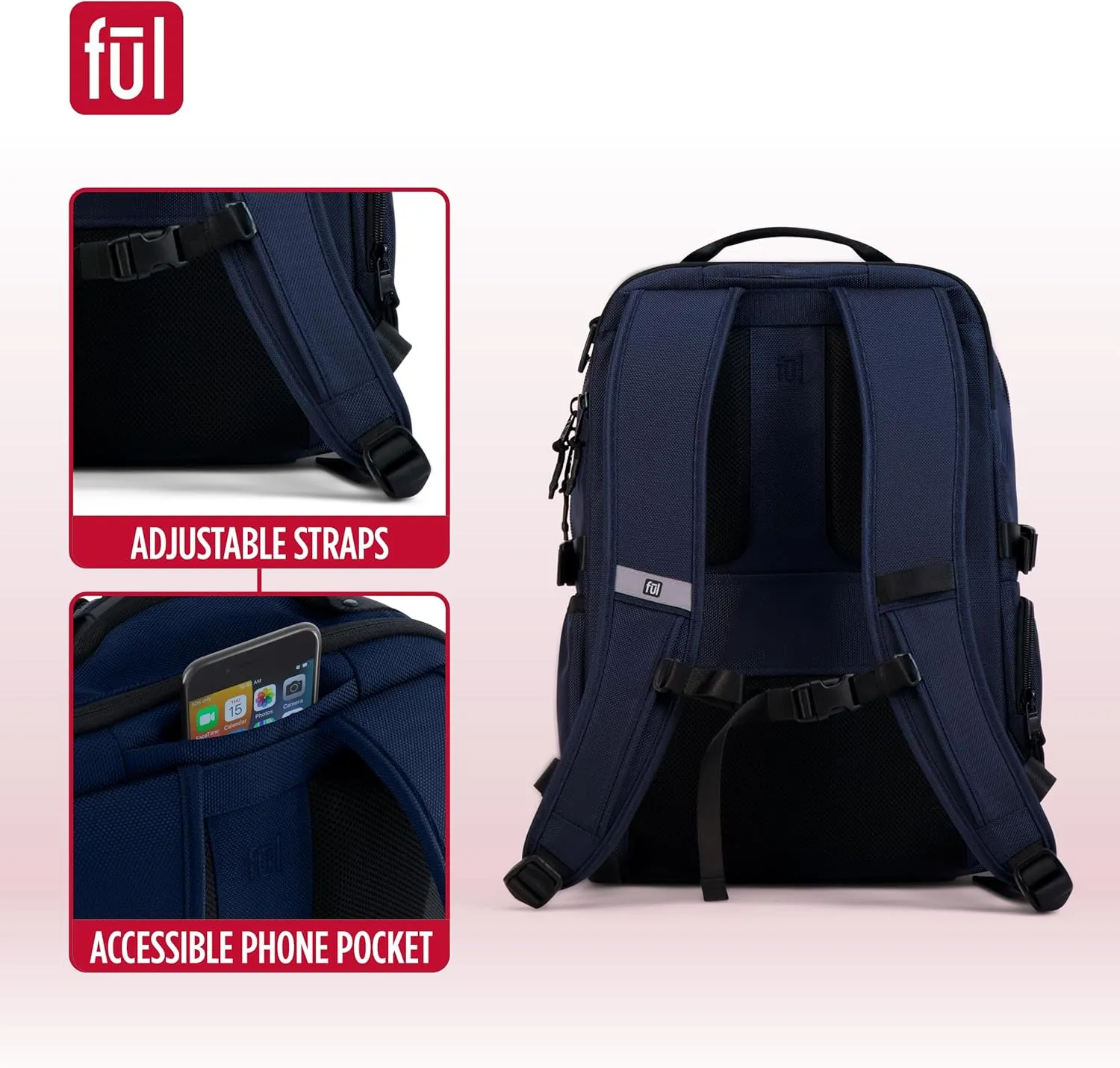 FUL Tactics Collection 17 Inch Laptop Backpack, Division Padded Computer Bag for Commute or Travel, Navy, One Size