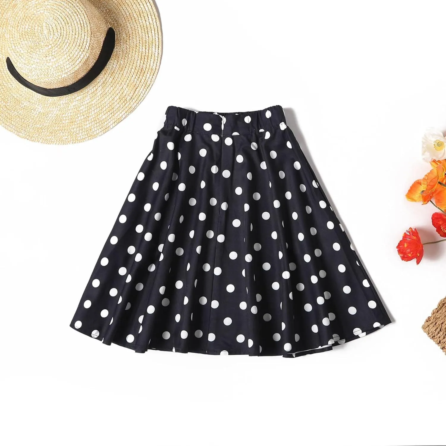 Girls Knee Length Flowy A-Line Skirt Fashion Polka Dot Smocked A-Line Skirts Pull-on Elastic Waist Pleated Skirt