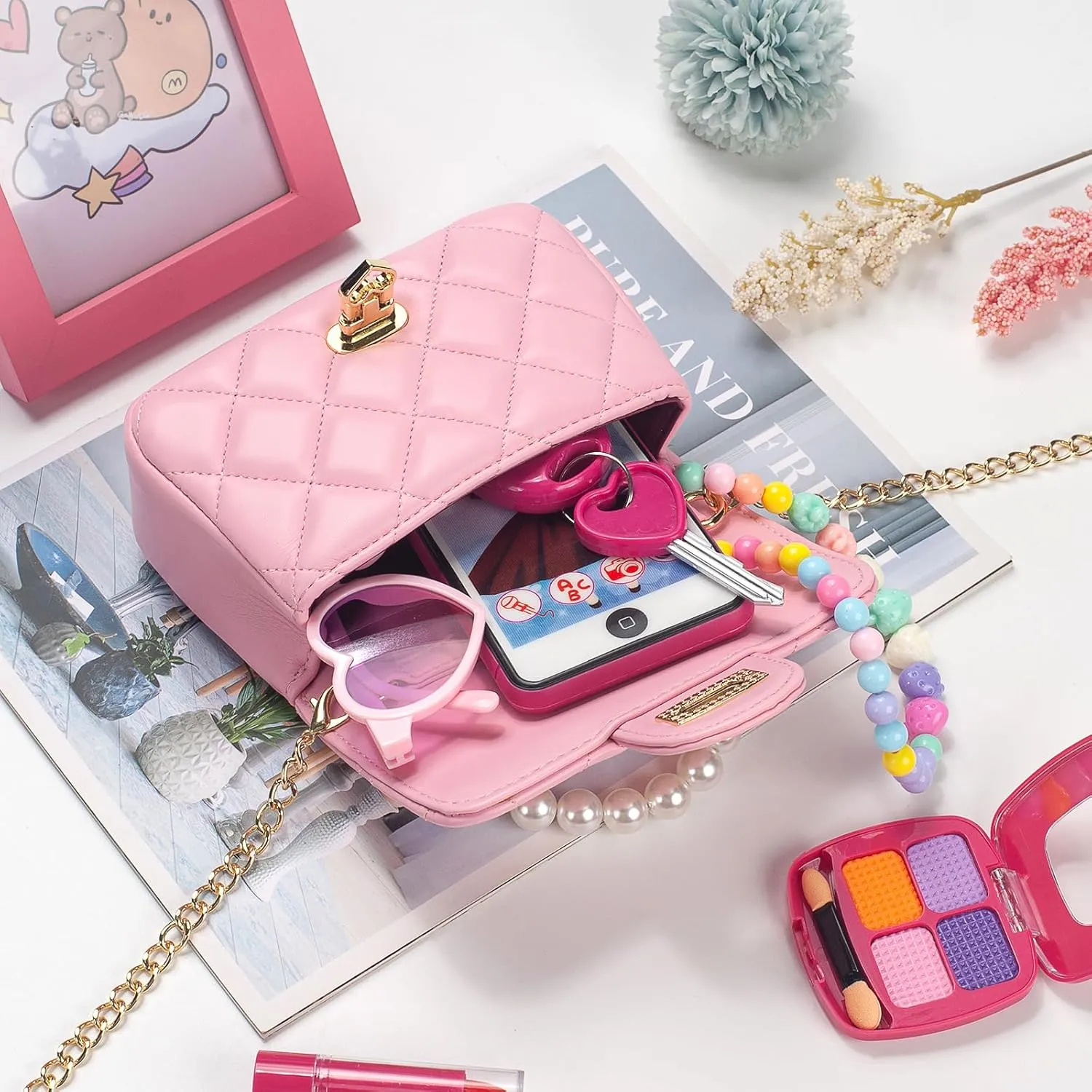 Girls Purses for Kids, Toddler Crossbody Bag with Pearl Handle, Kids Chain Handbag Heart Purses for Girls