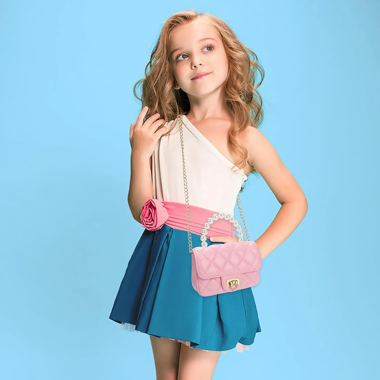 Girls Purses for Kids, Toddler Crossbody Bag with Pearl Handle, Kids Chain Handbag Heart Purses for Girls