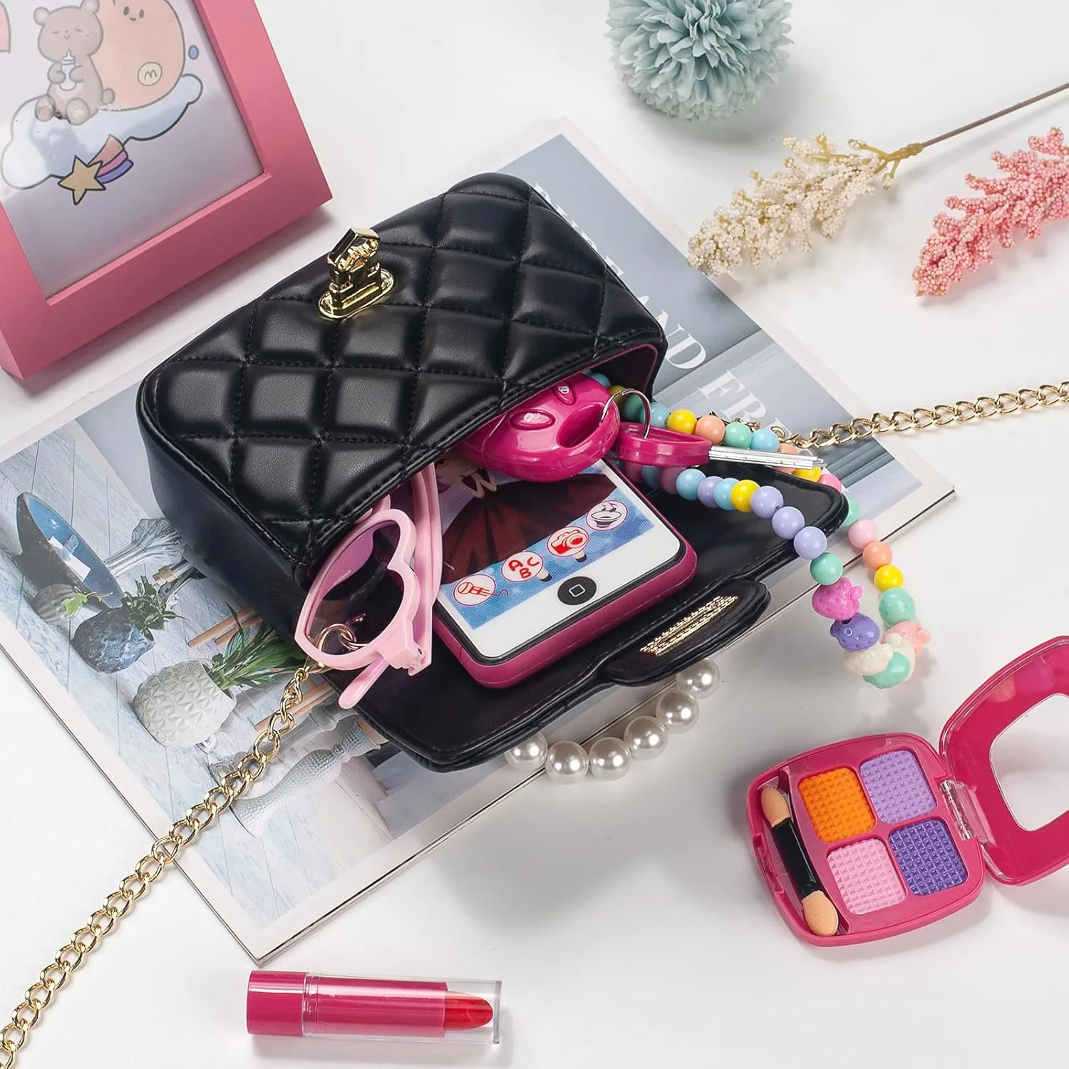 Girls Purses for Kids, Toddler Crossbody Bag with Pearl Handle, Kids Chain Handbag Heart Purses for Girls