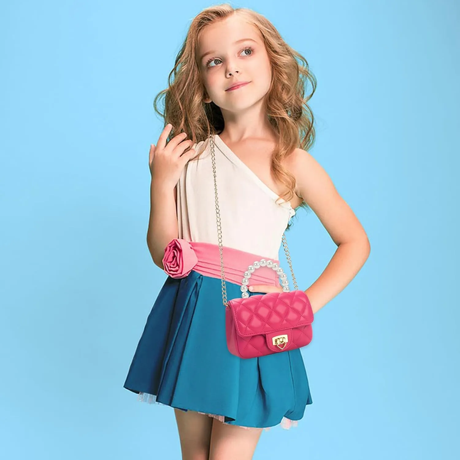 Girls Purses for Kids, Toddler Crossbody Bag with Pearl Handle, Kids Chain Handbag Heart Purses for Girls