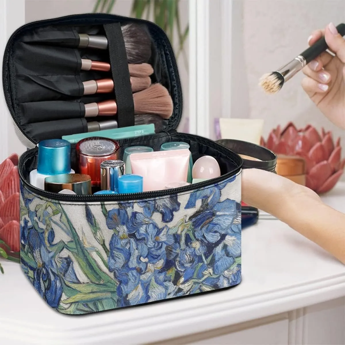 GLUDEAR Women Teen Girls Cute Print Makeup Bag Small Travel Cosmetic Bags Medium Pouch Toiletry Bag,Blue Irises