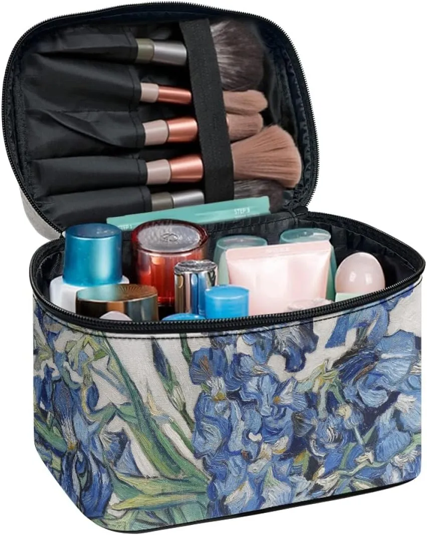 GLUDEAR Women Teen Girls Cute Print Makeup Bag Small Travel Cosmetic Bags Medium Pouch Toiletry Bag,Blue Irises