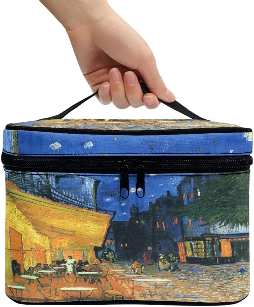 GLUDEAR Women Teen Girls Cute Print Makeup Bag Small Travel Cosmetic Bags Medium Pouch Toiletry Bag,Cafe Terrace Night