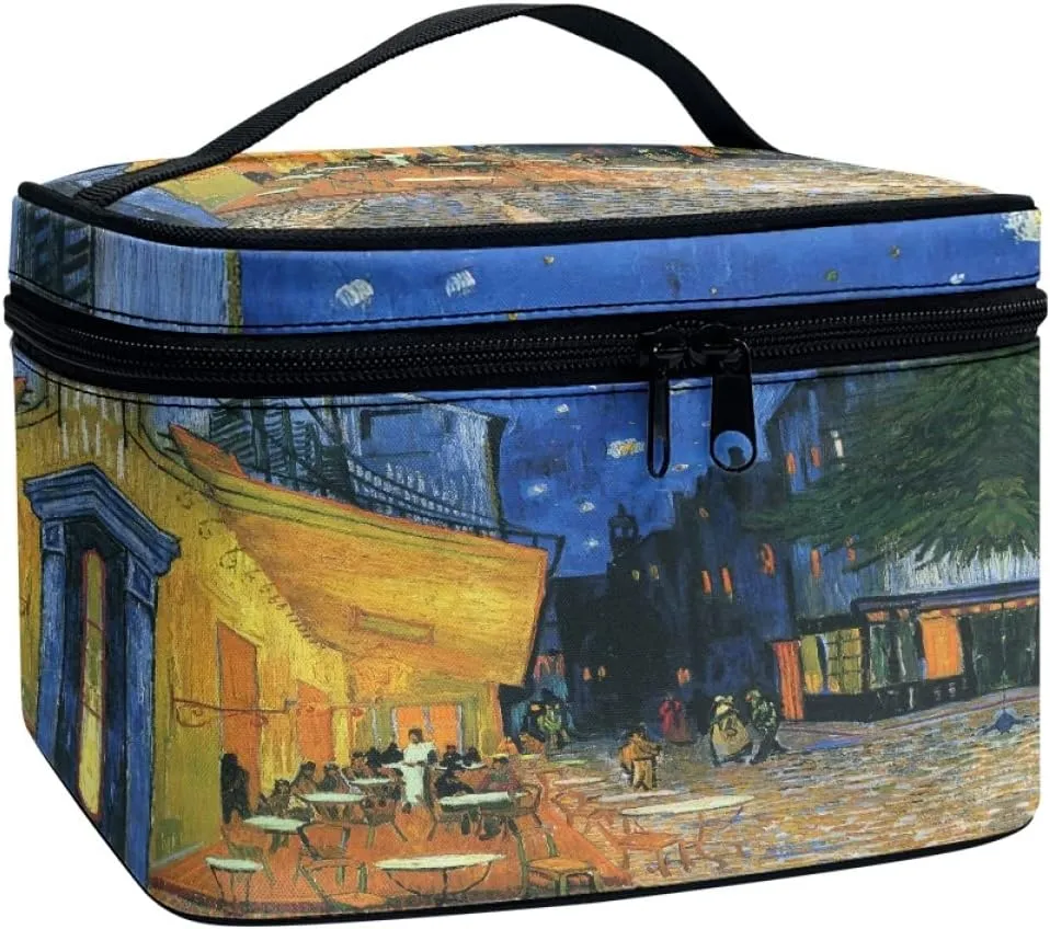 GLUDEAR Women Teen Girls Cute Print Makeup Bag Small Travel Cosmetic Bags Medium Pouch Toiletry Bag,Cafe Terrace Night