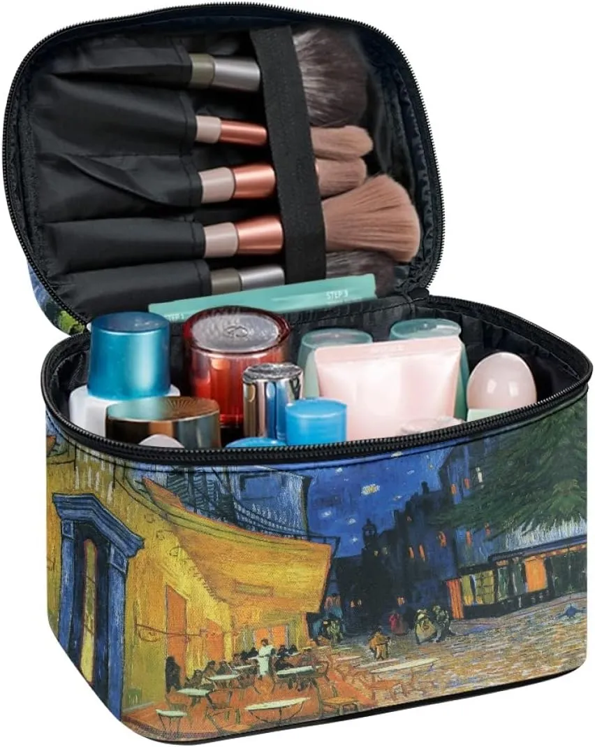 GLUDEAR Women Teen Girls Cute Print Makeup Bag Small Travel Cosmetic Bags Medium Pouch Toiletry Bag,Cafe Terrace Night