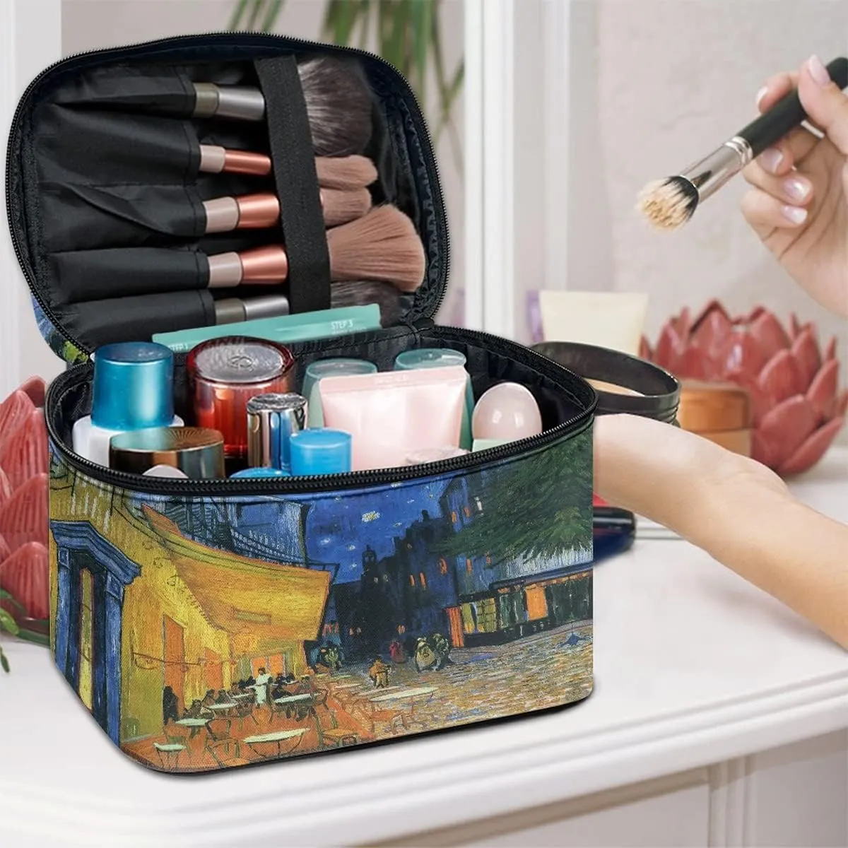 GLUDEAR Women Teen Girls Cute Print Makeup Bag Small Travel Cosmetic Bags Medium Pouch Toiletry Bag,Cafe Terrace Night