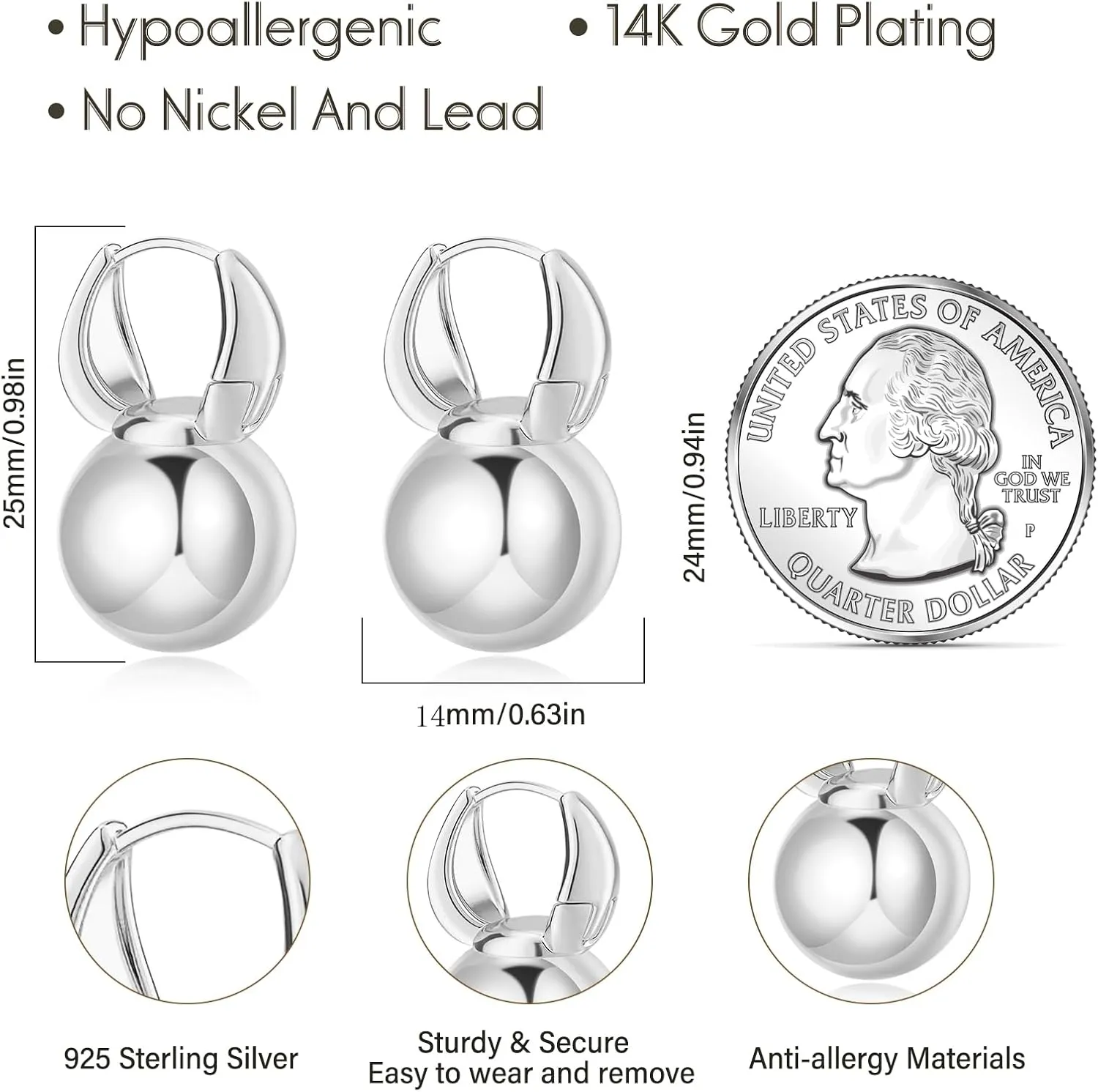 Gold Dangle Earrings for Women Sterling Silver Ball Drop Earrings Hypoallergenic Round Hoop Leverback Lightweight Fashion Jewelry