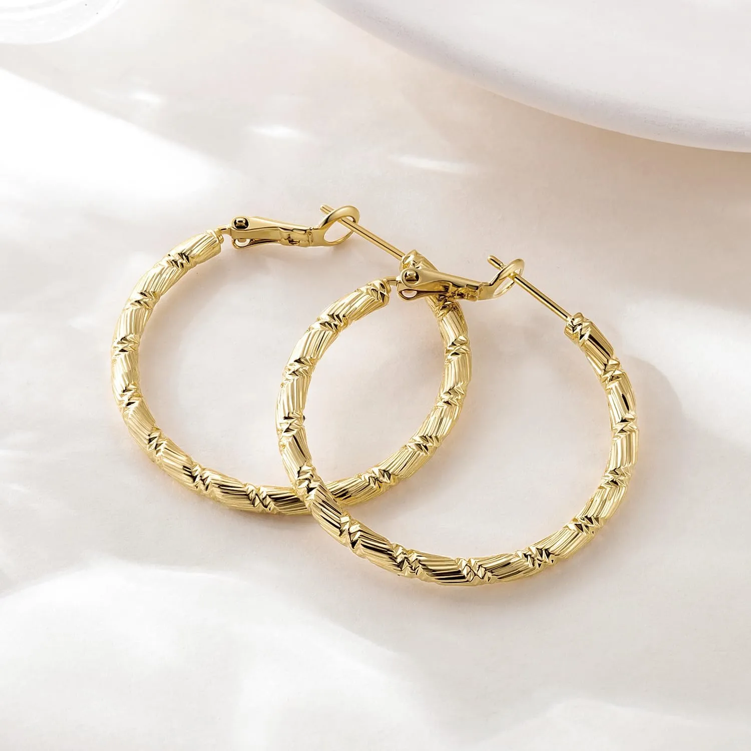 Gold Hoop Earrings for Women, 14K Gold Earring Thick Hoops Earrings for Women Gorgeous and Solid Line Cutting Design 30mm
