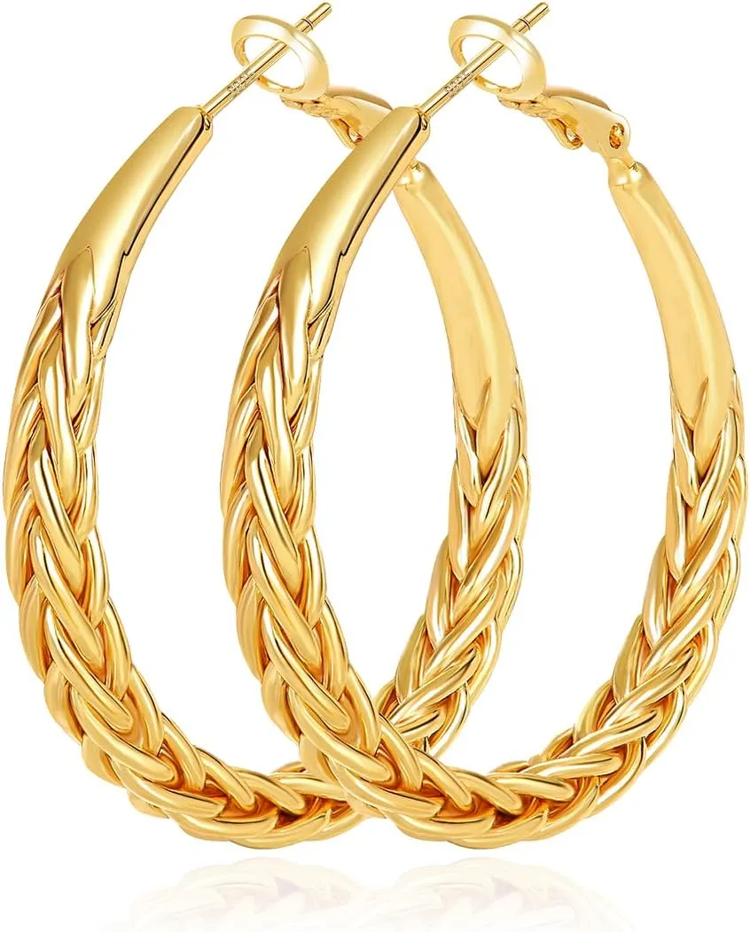 Gold Hoop Earrings for Women 14K Gold Plated Hoop Earrings Hypoallergenic Large Gold Hoop Earrings Lightweight Big Gold Hoop Earrings Thick Twisted Gold Earrings Hoops 50MM
