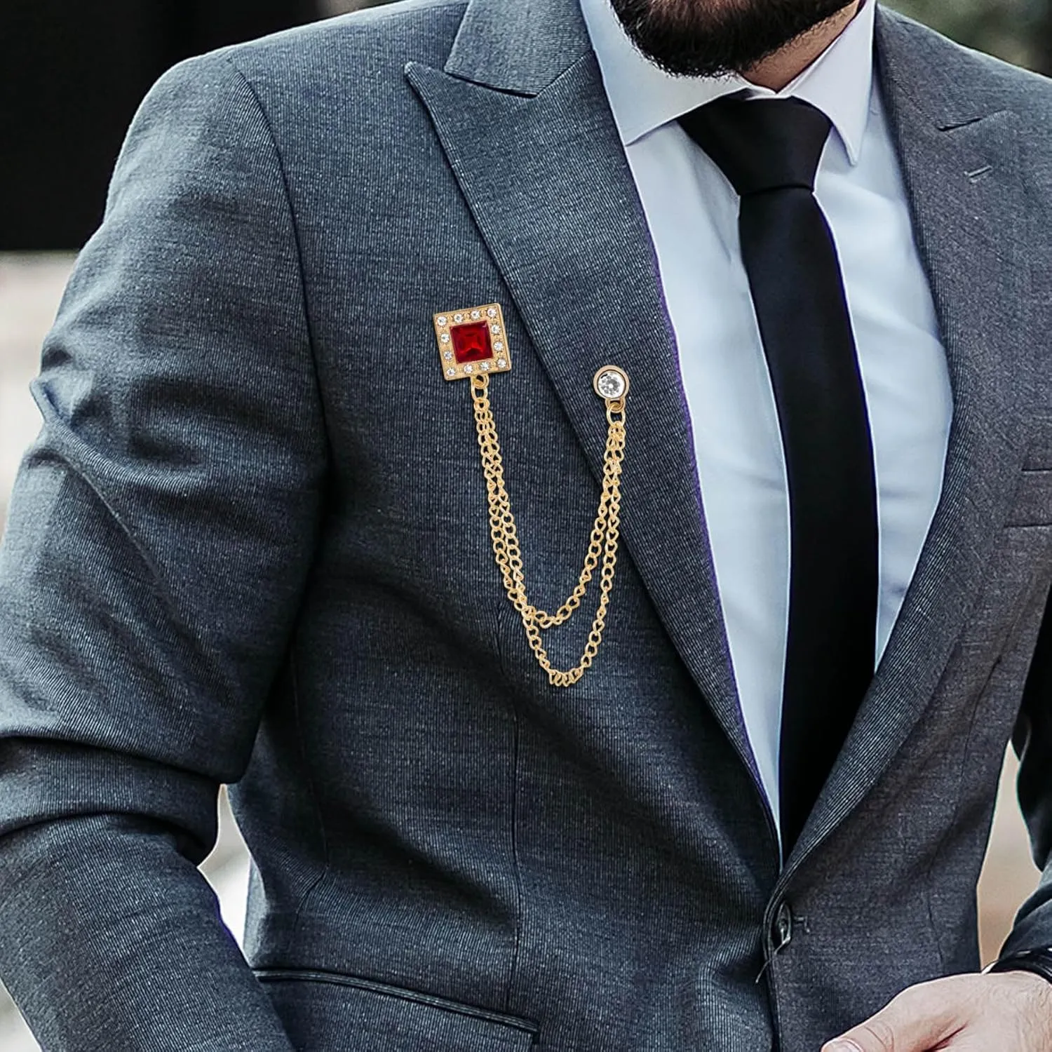 Gold/Silver Crystal Geometry Brooch Lapel Pin for Men Rhinestone With Hanging Chain Brooch for Men Suit Fashion Tuxedo Tie Hat Scarf Collar Pins for Men Women Gifts