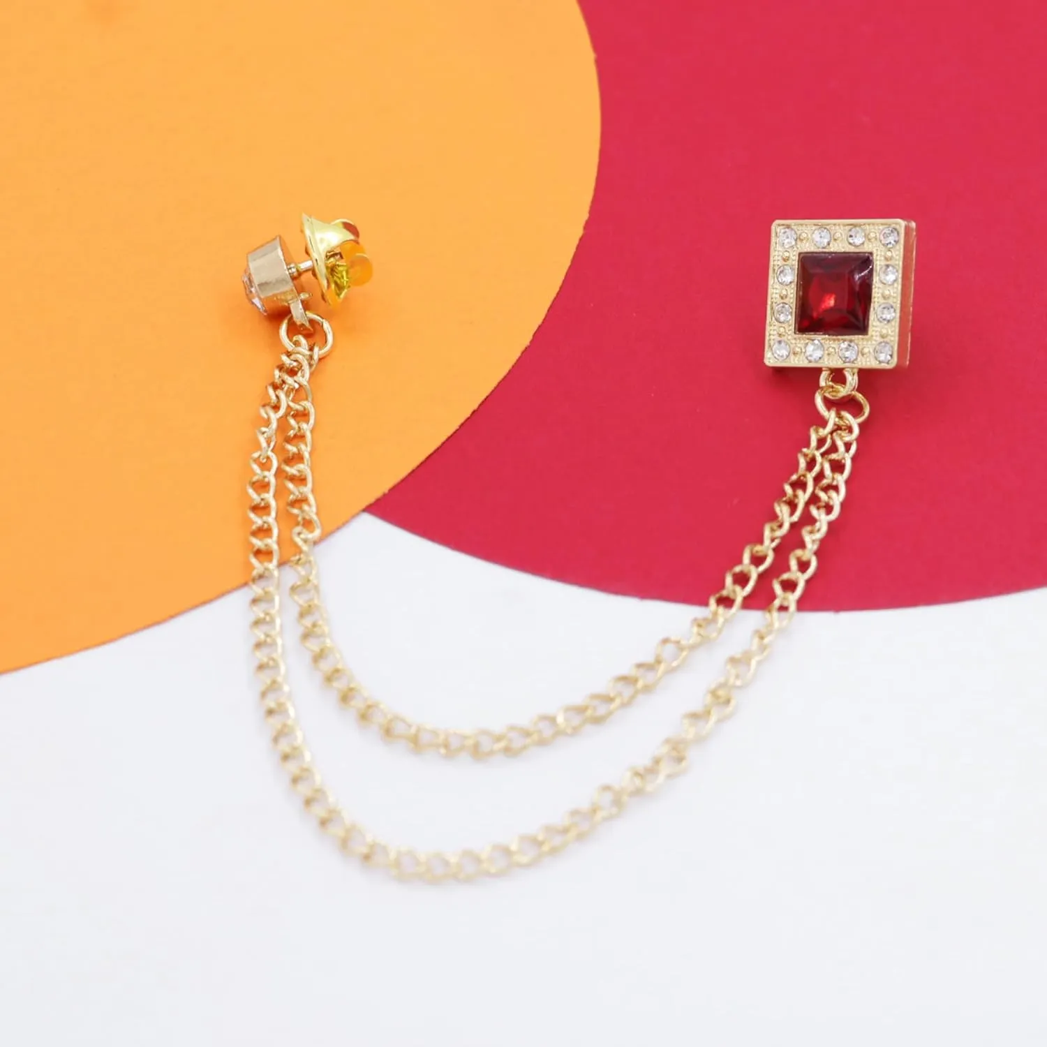 Gold/Silver Crystal Geometry Brooch Lapel Pin for Men Rhinestone With Hanging Chain Brooch for Men Suit Fashion Tuxedo Tie Hat Scarf Collar Pins for Men Women Gifts
