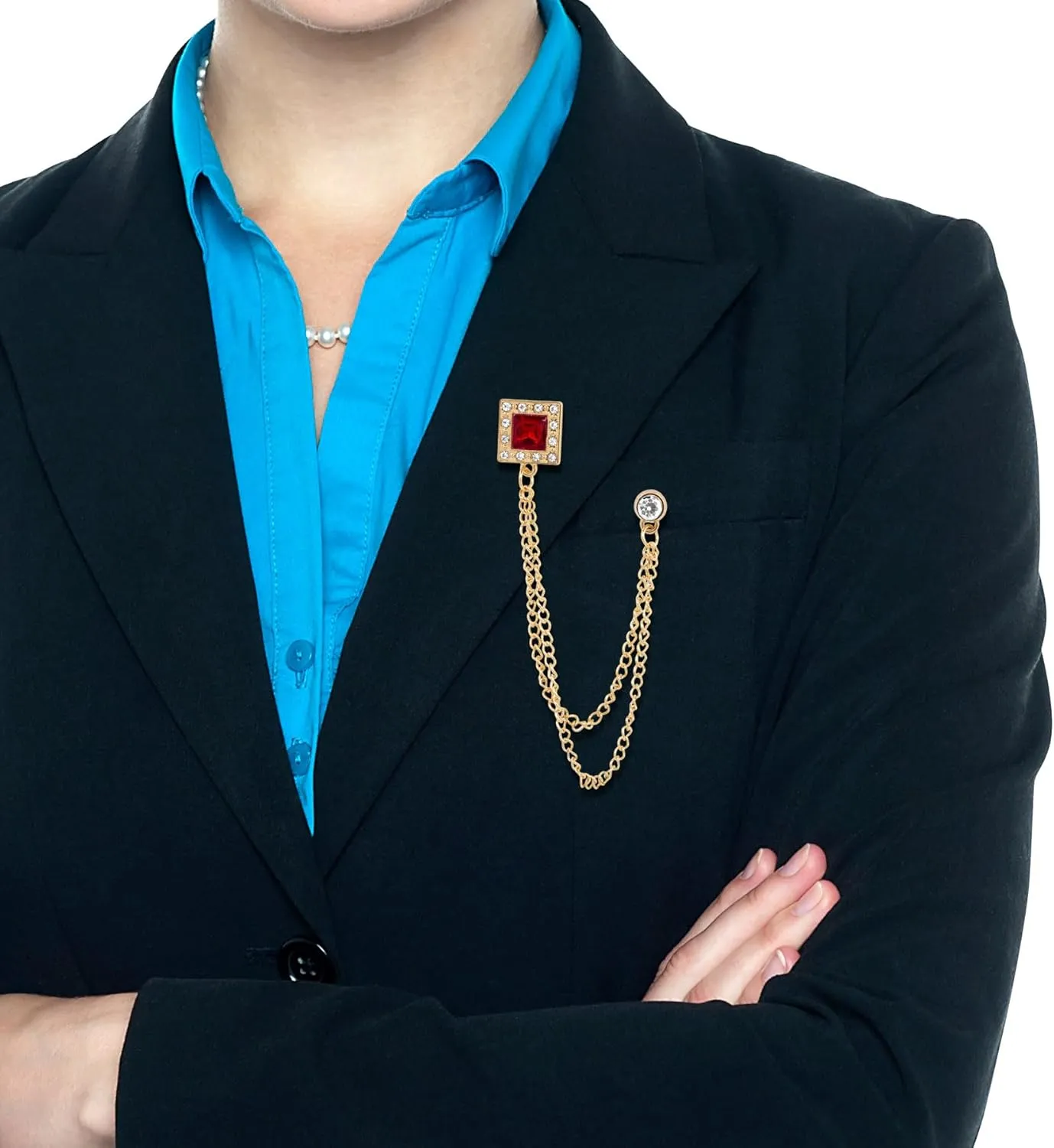 Gold/Silver Crystal Geometry Brooch Lapel Pin for Men Rhinestone With Hanging Chain Brooch for Men Suit Fashion Tuxedo Tie Hat Scarf Collar Pins for Men Women Gifts