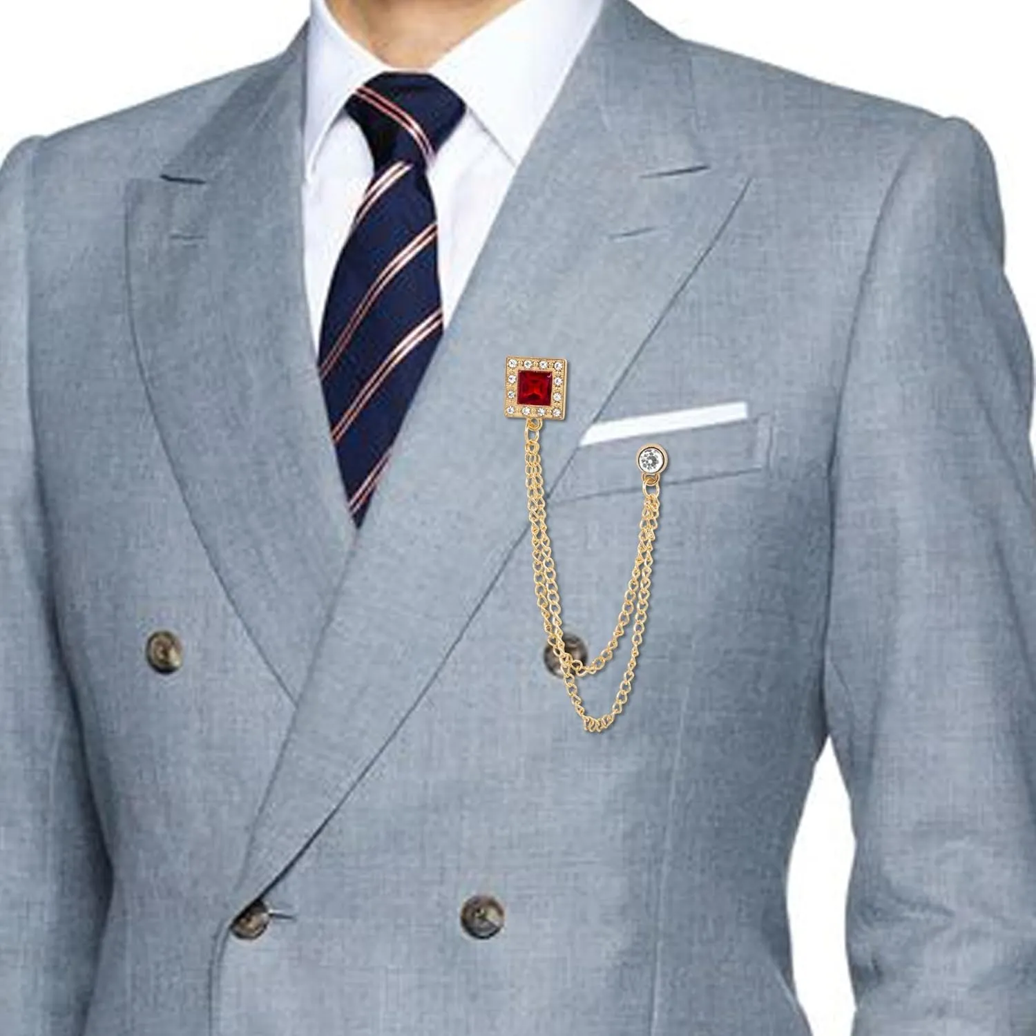 Gold/Silver Crystal Geometry Brooch Lapel Pin for Men Rhinestone With Hanging Chain Brooch for Men Suit Fashion Tuxedo Tie Hat Scarf Collar Pins for Men Women Gifts