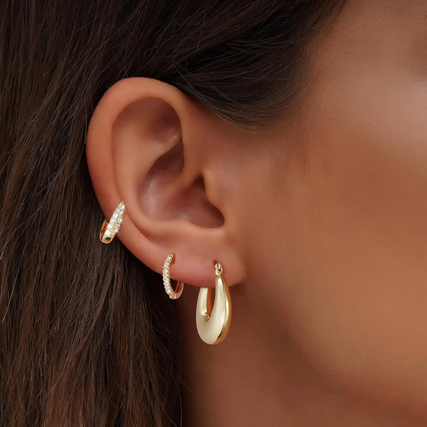 Gold/Silver Small Hoop Earrings Set for Women,14K Gold/Silver Plated Hypoallergenic Small Chunky Huggie Double Hoop Earrings For Women,Stud Earrings,Gold Pearl Dangle Hoop Earrings Set Jewelry For Gifts