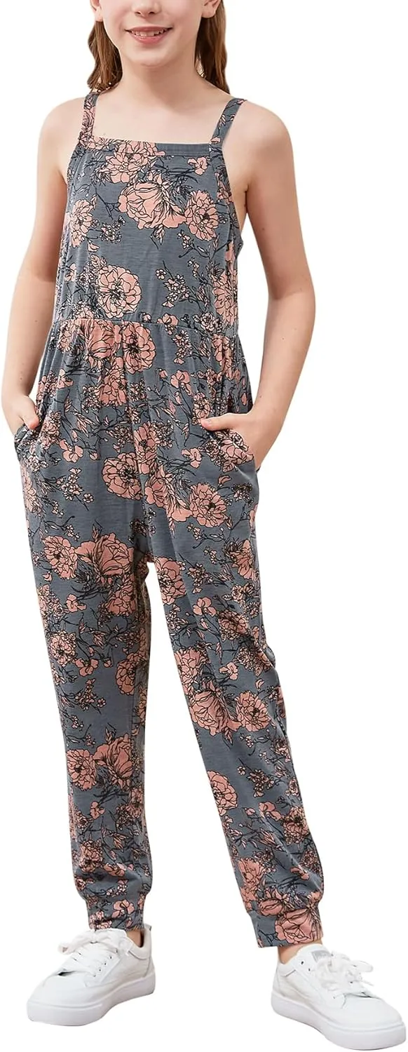 GORLYA Girls Casual Sleeveless Strap Backless Jumpsuit Outfits Baggy Harem Overalls Long Pant Jumper Rompers 4-14T