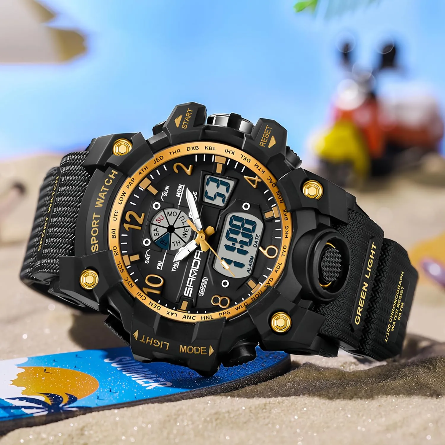 Gosasa Womens Digital Sports Watch 5ATM Waterproof Watch LED Light Large Face Analog Multifunctional Wrist Watches with Alarm Stopwatch Calendar Hourly Chime
