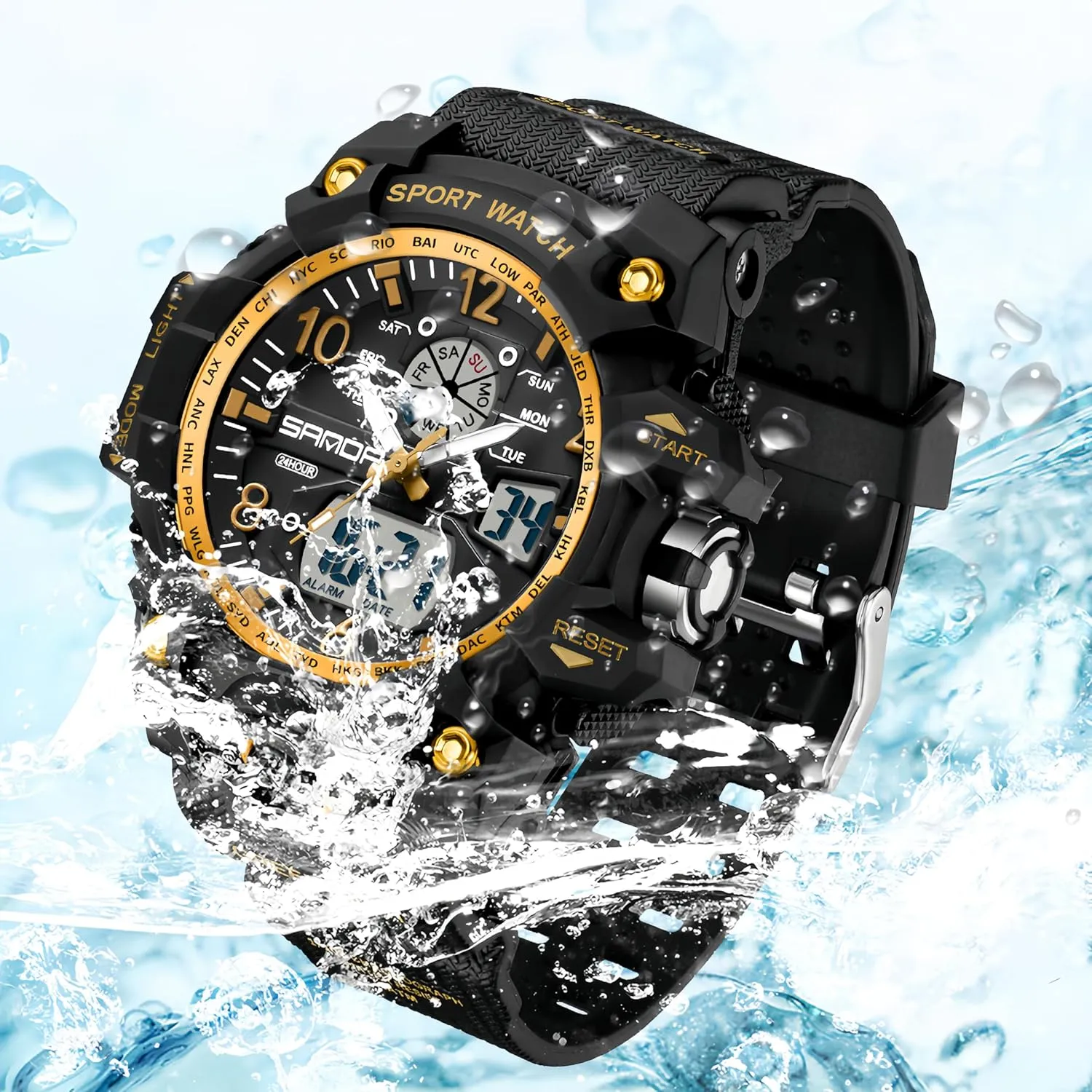 Gosasa Womens Digital Sports Watch 5ATM Waterproof Watch LED Light Large Face Analog Multifunctional Wrist Watches with Alarm Stopwatch Calendar Hourly Chime