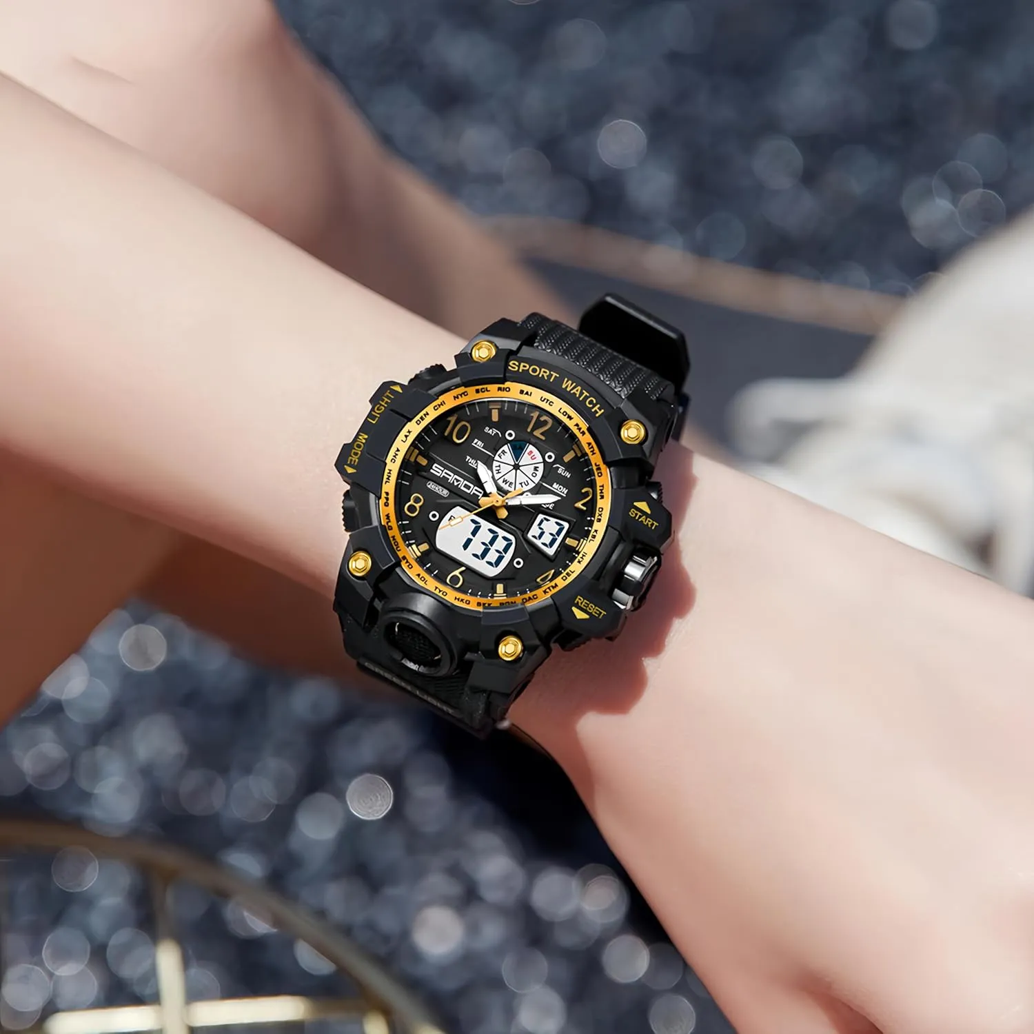 Gosasa Womens Digital Sports Watch 5ATM Waterproof Watch LED Light Large Face Analog Multifunctional Wrist Watches with Alarm Stopwatch Calendar Hourly Chime