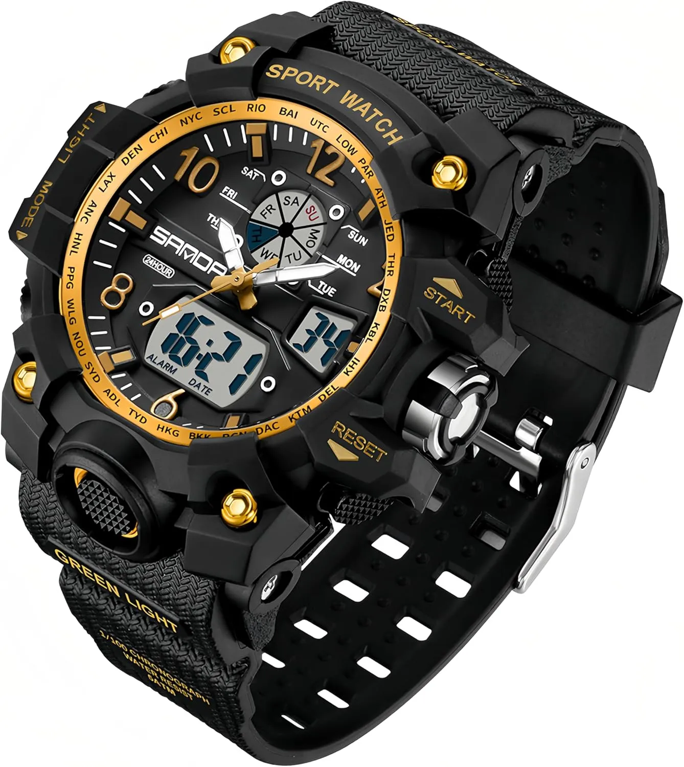 Gosasa Womens Digital Sports Watch 5ATM Waterproof Watch LED Light Large Face Analog Multifunctional Wrist Watches with Alarm Stopwatch Calendar Hourly Chime