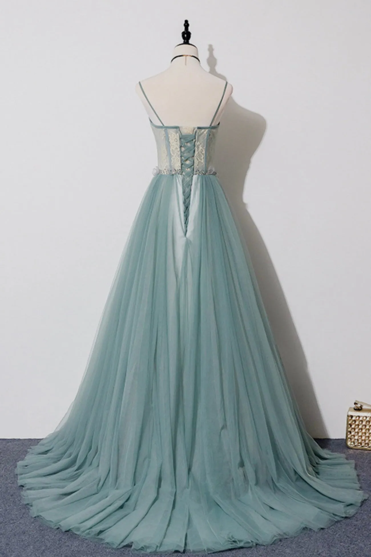 Green Lovely Tulle Straps Long A-Line Prom Dresses Green Evening Dresses