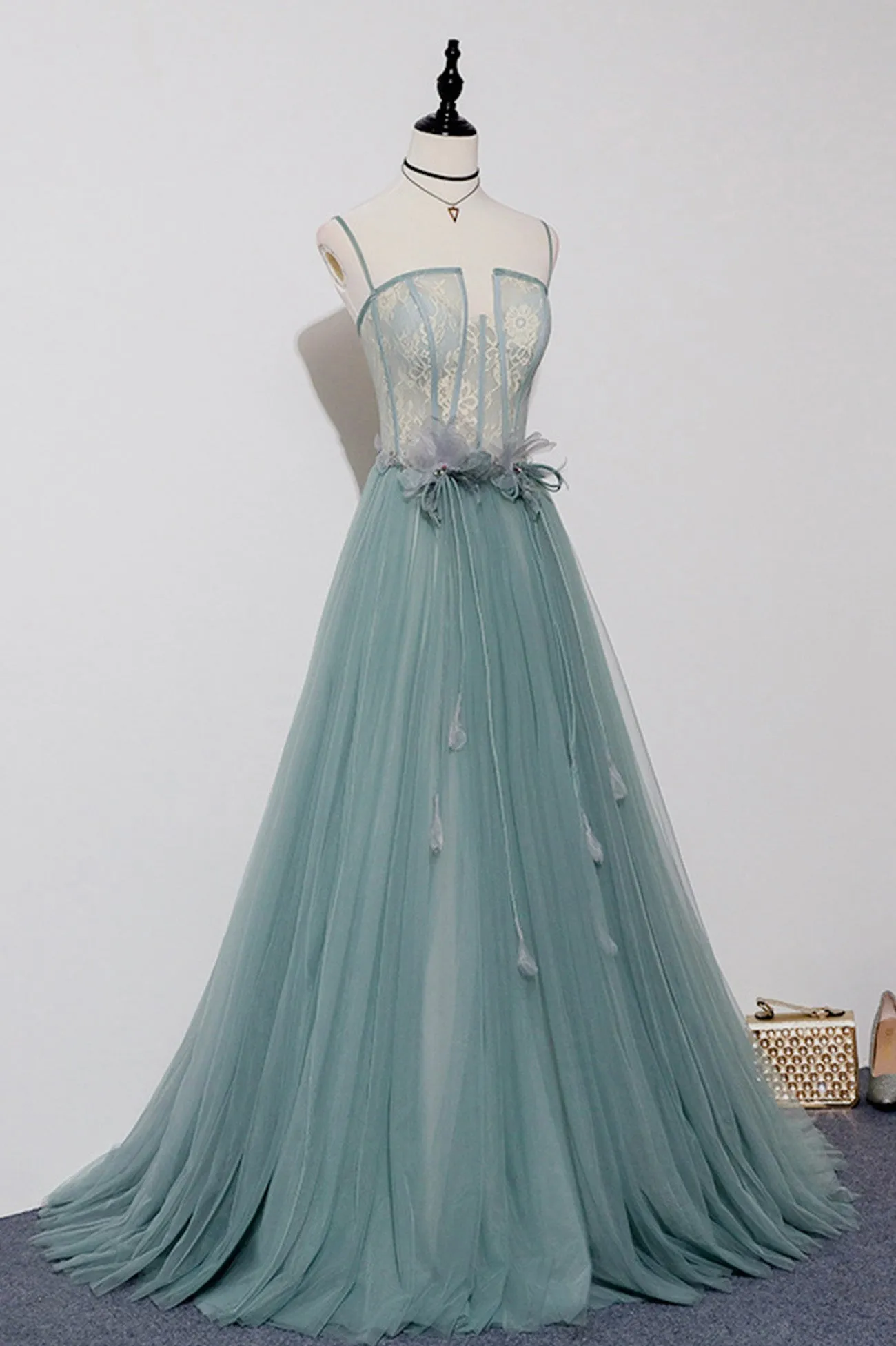 Green Lovely Tulle Straps Long A-Line Prom Dresses Green Evening Dresses