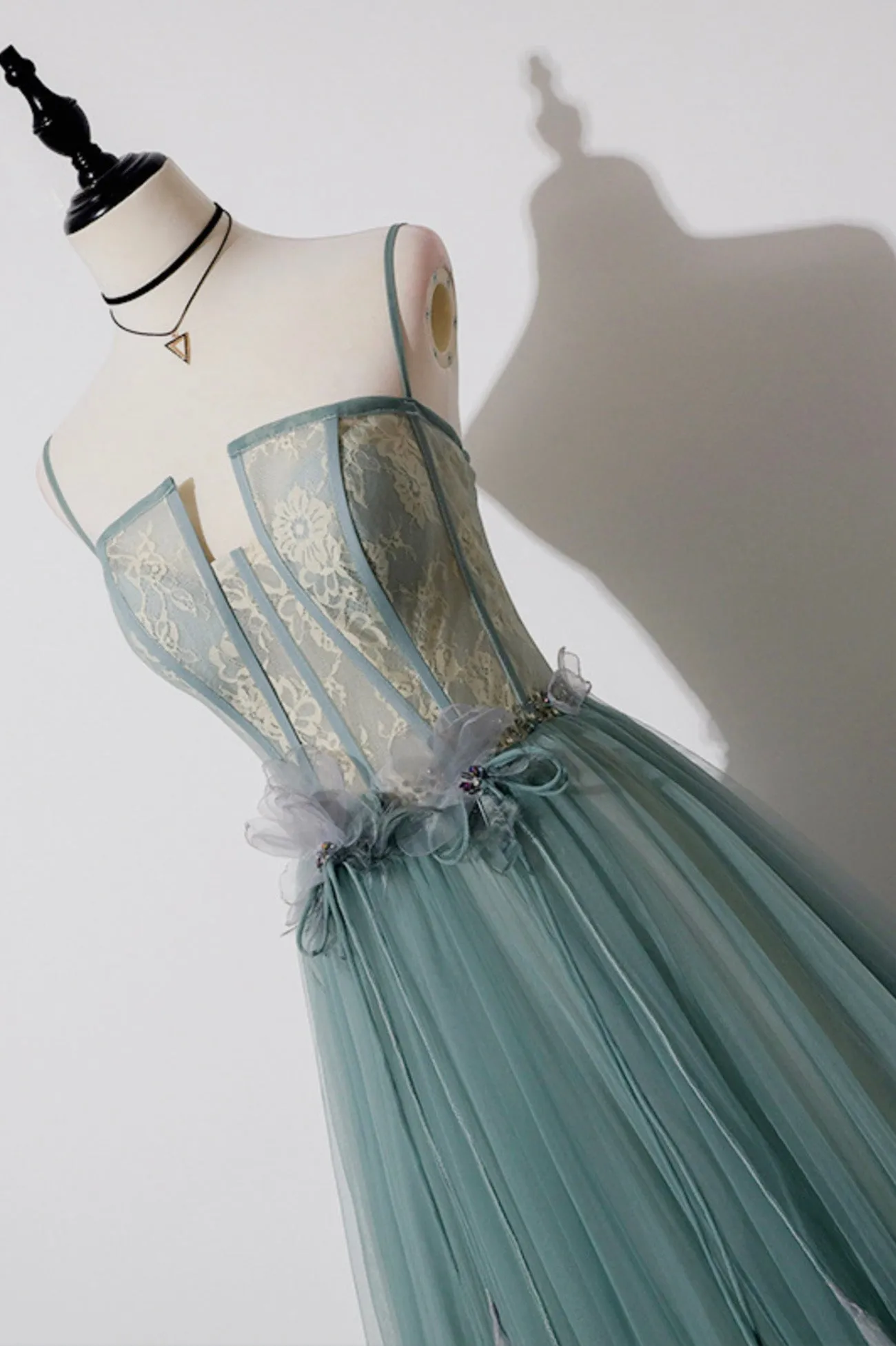 Green Lovely Tulle Straps Long A-Line Prom Dresses Green Evening Dresses
