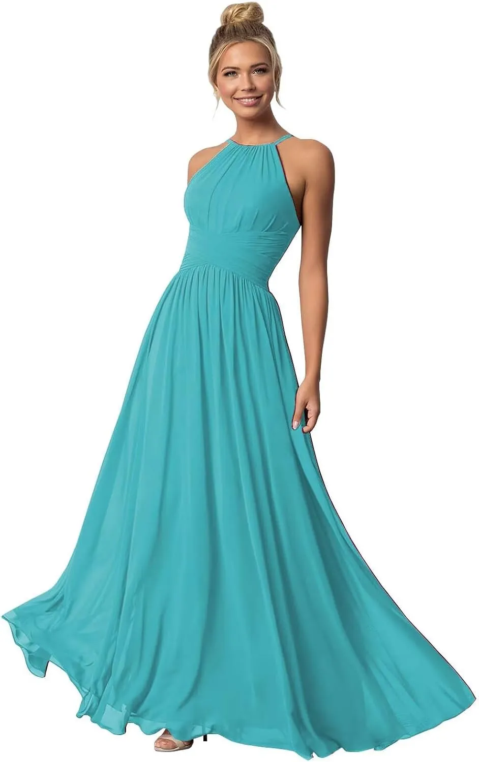 Halter Bridesmaid Dresses Long Chiffon A Line Wedding Formal Evening Gown