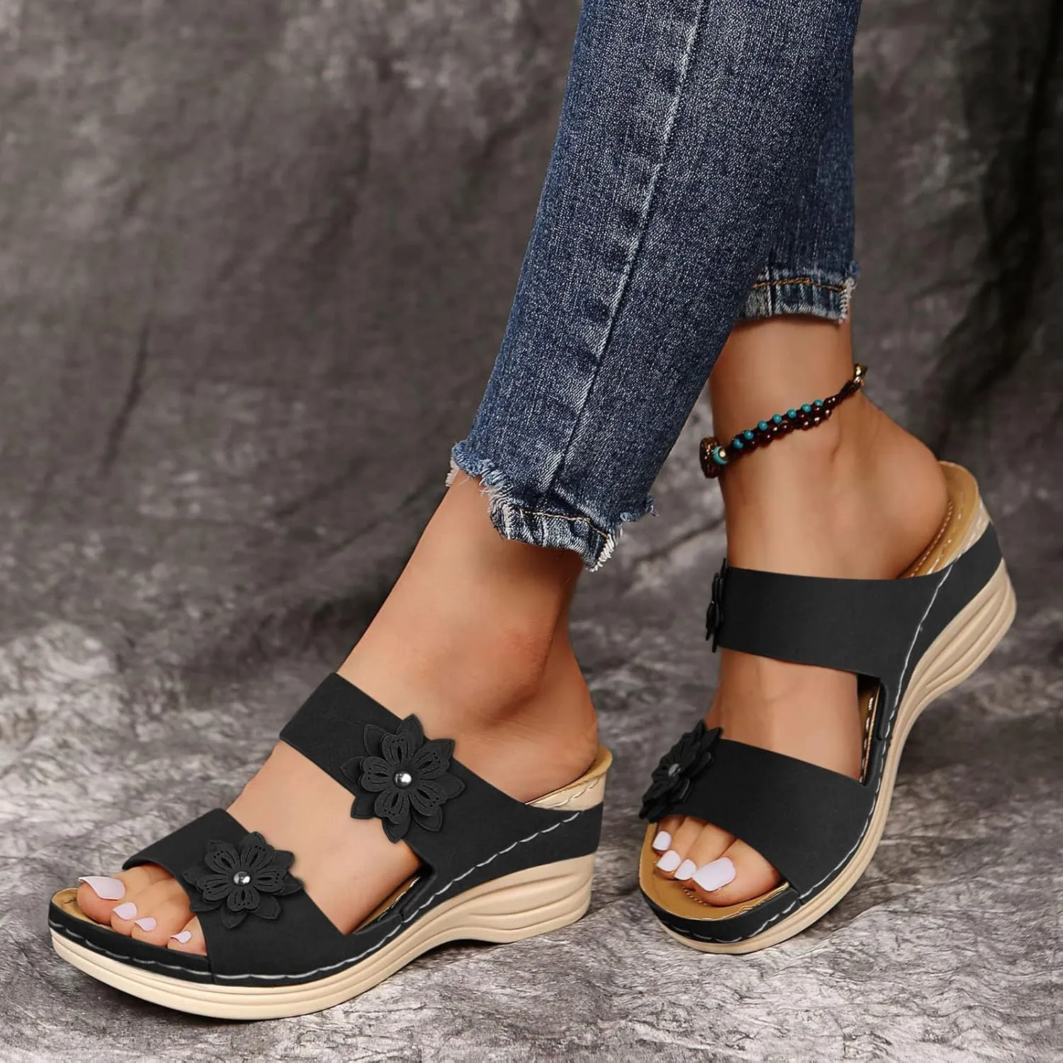 High Arch Support Slippers Women Orthopedic Summer Sandals for Women 2024 Beach Sandals for Women Arch Support Leather Sandals Women Walking Shoes Women Heel Support Raffia Sandals Women