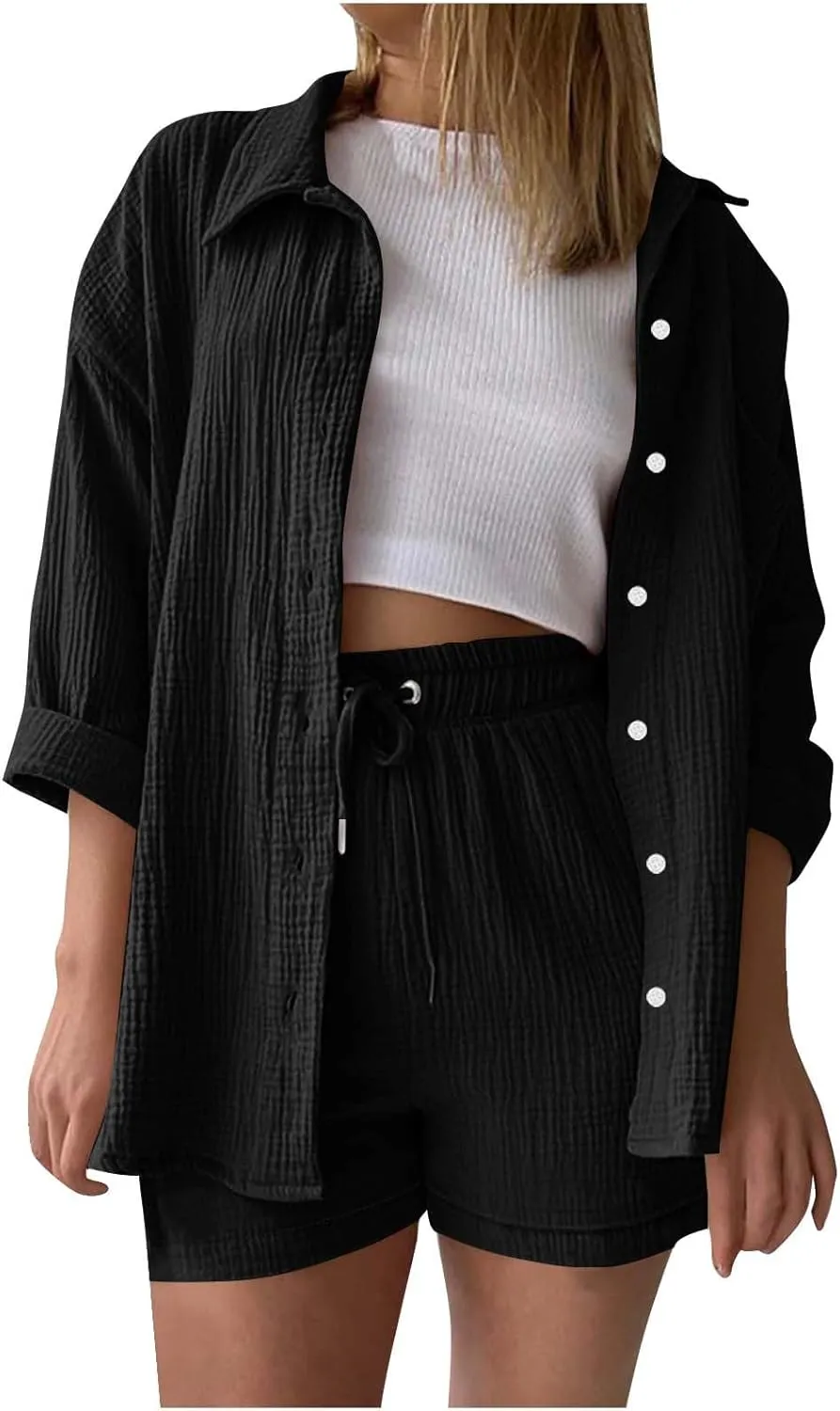 hlysgo 2 Piece Sets for Women Summer Short Sleeve Button Down Shirt and Shorts Lounge Matching Set Vacation Beach Outfits