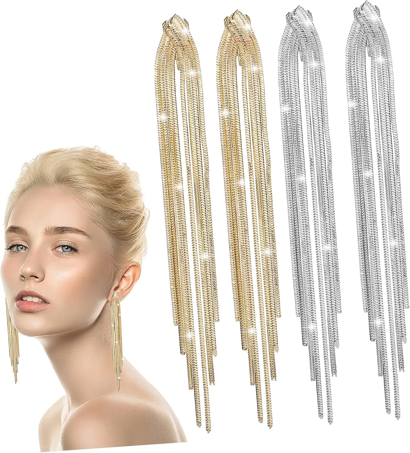Homoyoyo 2pairs Tassels Clip Earrings Elegant Linear Drop Earrings for Weddings Prom and Formal Events Lightweight Chandelier Design