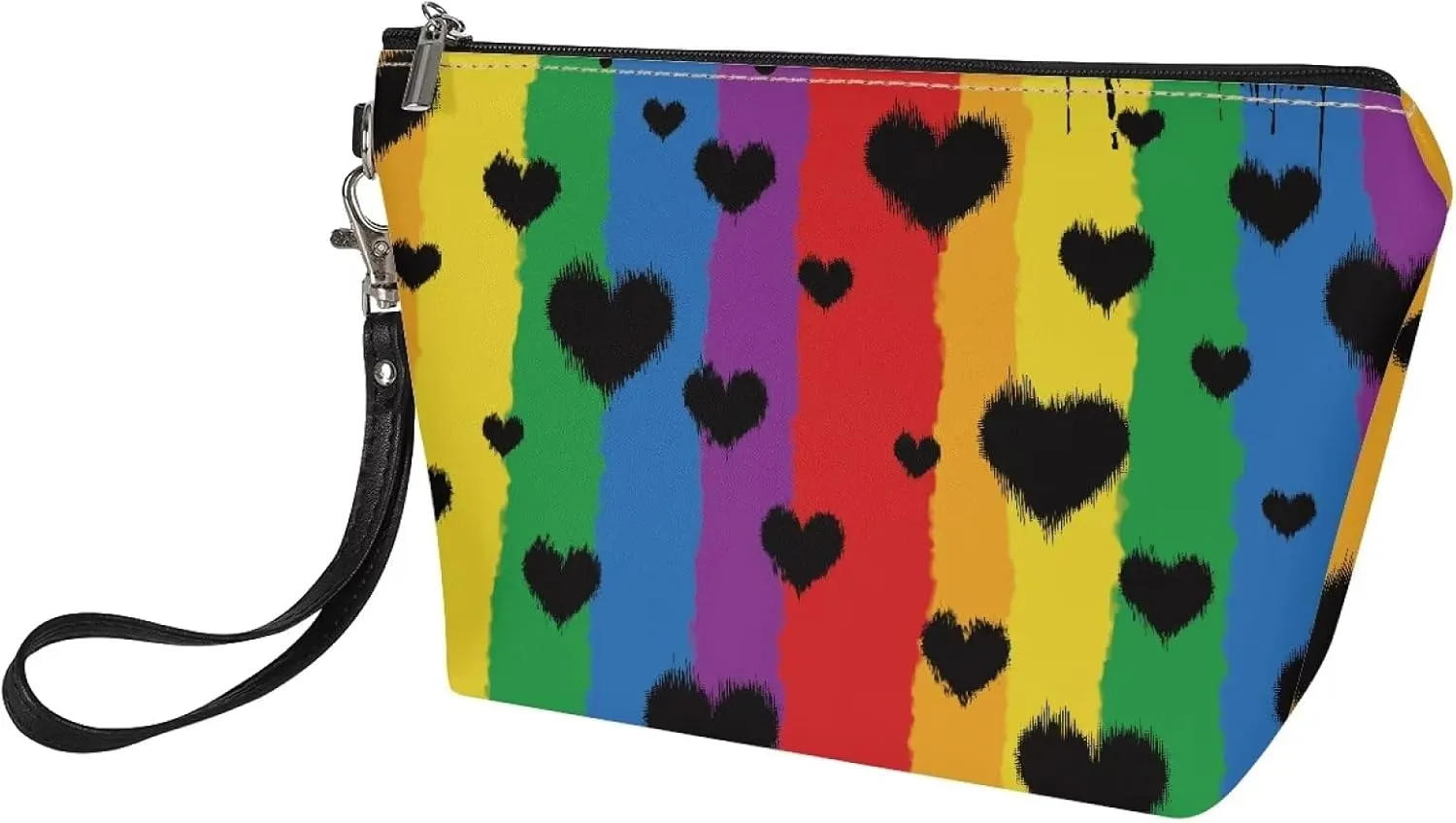HUGS IDEA Cute Makeup Bag for Purse Rainbow Hearts Print Leather Cosmetic Bags for Women Zipper Travel Toiletry Pouch Makeup Bags