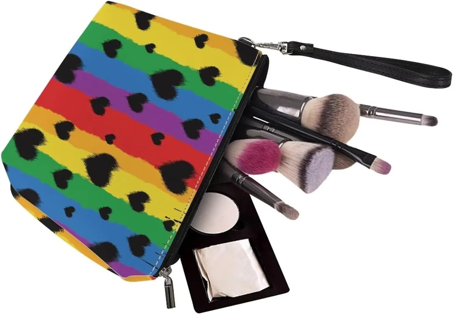 HUGS IDEA Cute Makeup Bag for Purse Rainbow Hearts Print Leather Cosmetic Bags for Women Zipper Travel Toiletry Pouch Makeup Bags