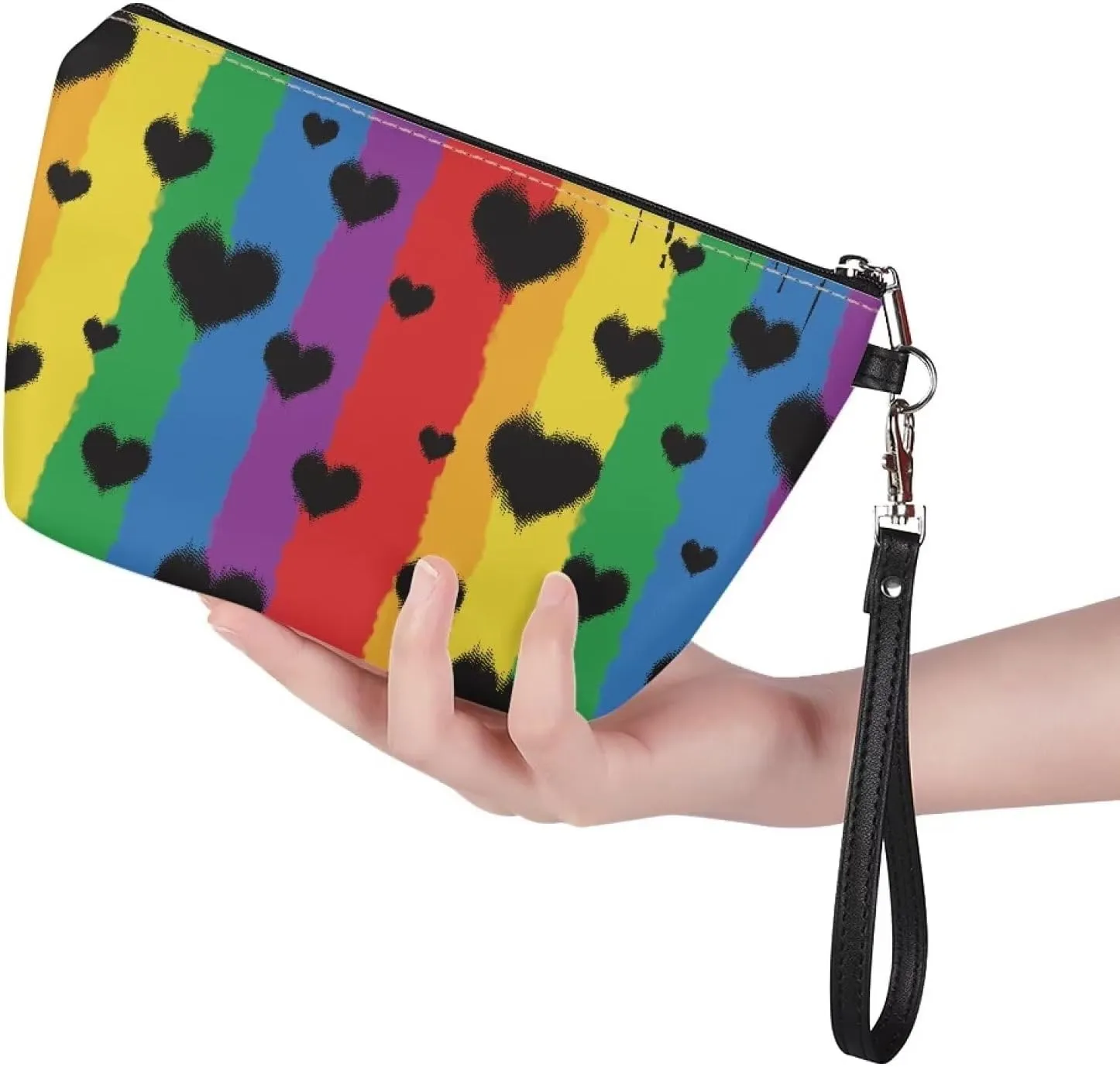 HUGS IDEA Cute Makeup Bag for Purse Rainbow Hearts Print Leather Cosmetic Bags for Women Zipper Travel Toiletry Pouch Makeup Bags