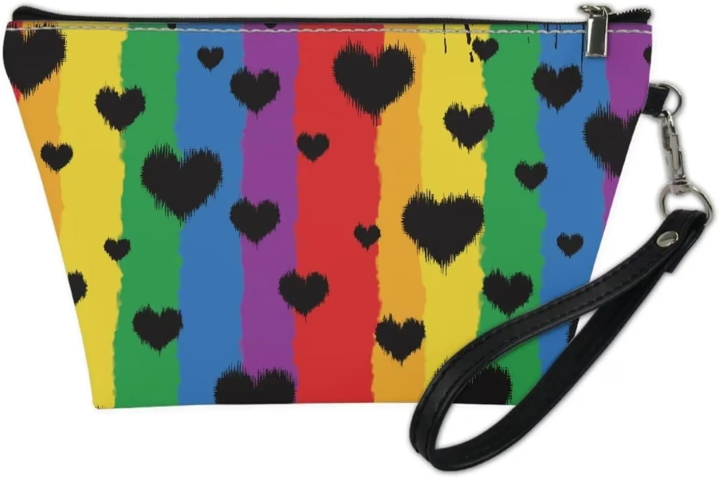 HUGS IDEA Cute Makeup Bag for Purse Rainbow Hearts Print Leather Cosmetic Bags for Women Zipper Travel Toiletry Pouch Makeup Bags