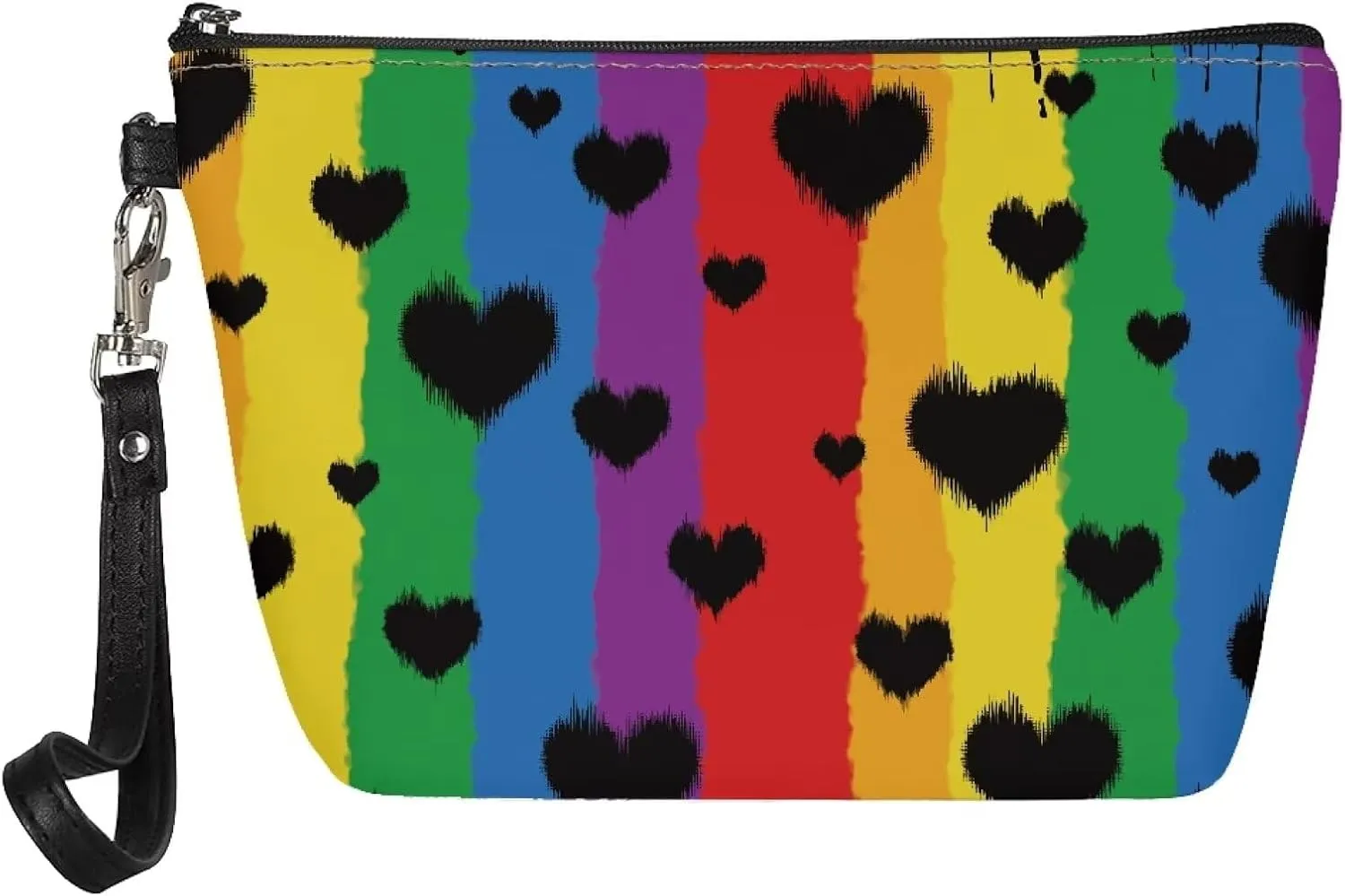 HUGS IDEA Cute Makeup Bag for Purse Rainbow Hearts Print Leather Cosmetic Bags for Women Zipper Travel Toiletry Pouch Makeup Bags