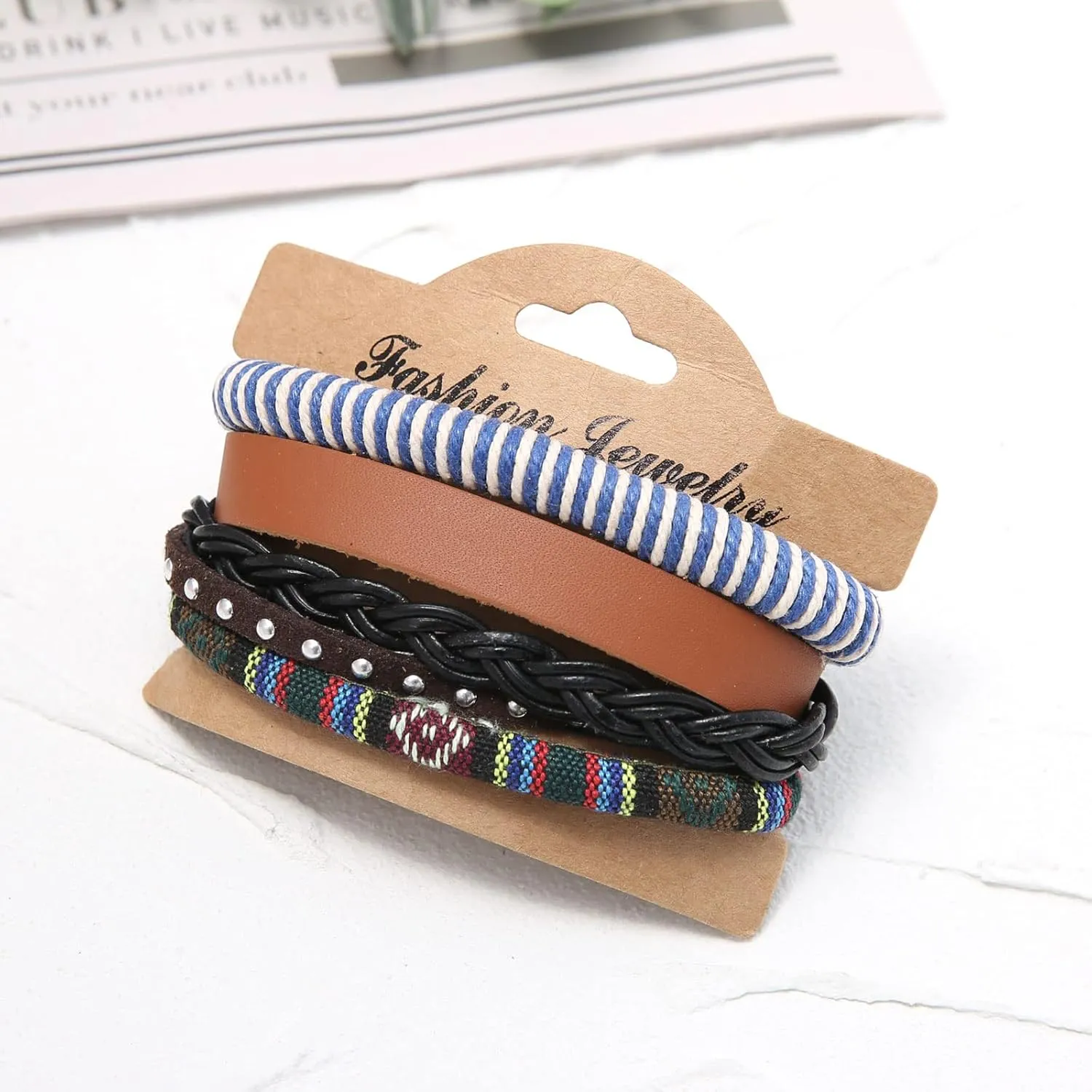 HZMAN Wrap Bracelets Men Women, Hemp Cords Wood Beads Ethnic Tribal Bracelets, Leather Wristbands