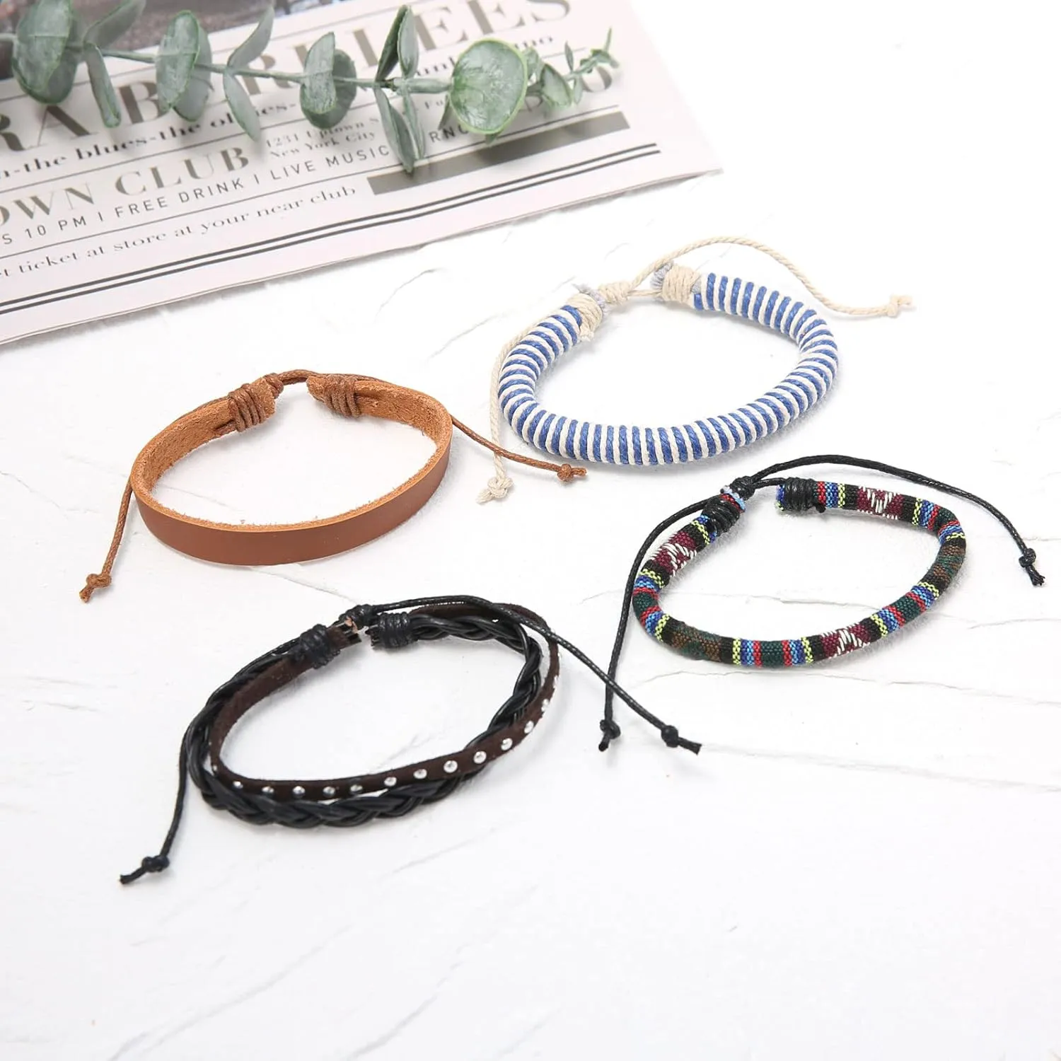 HZMAN Wrap Bracelets Men Women, Hemp Cords Wood Beads Ethnic Tribal Bracelets, Leather Wristbands