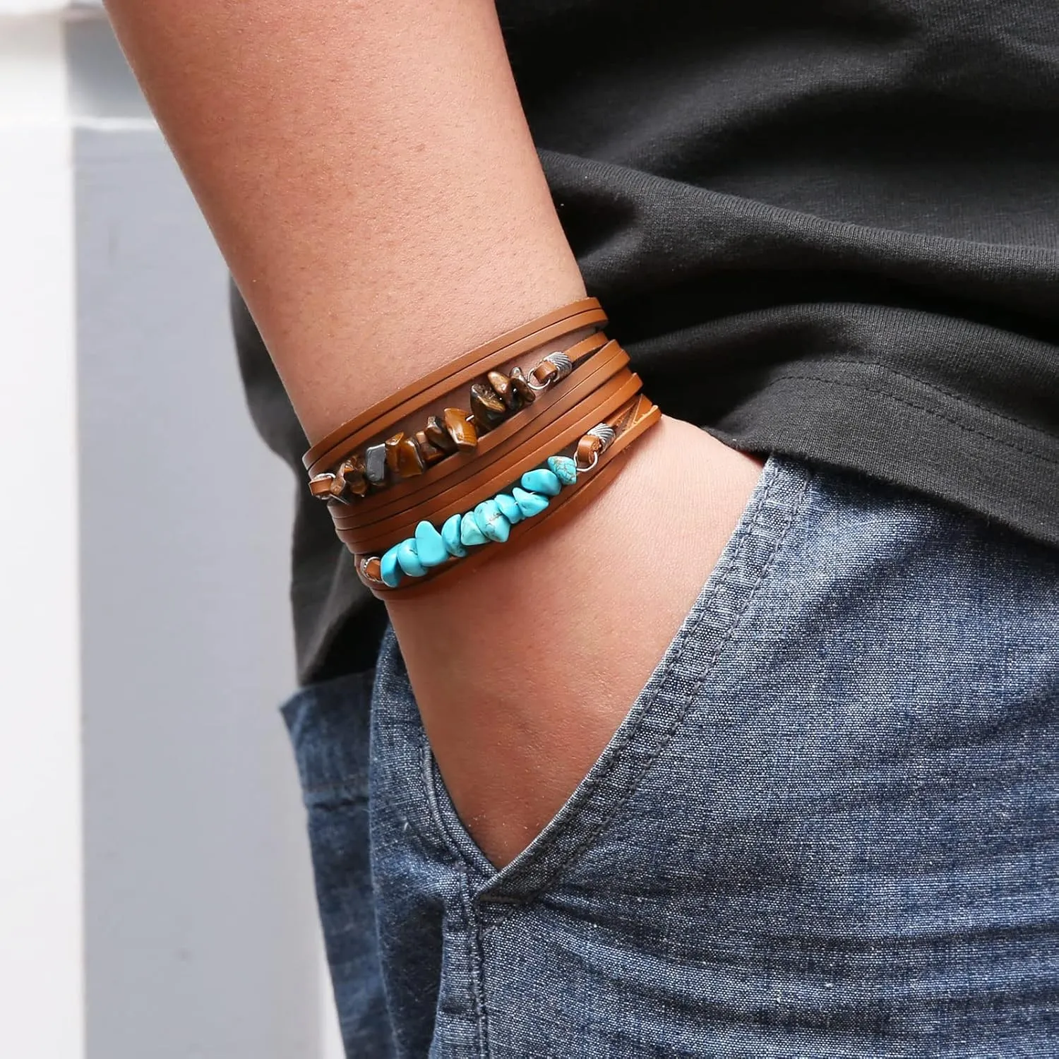 HZMAN Wrap Bracelets Men Women, Hemp Cords Wood Beads Ethnic Tribal Bracelets, Leather Wristbands