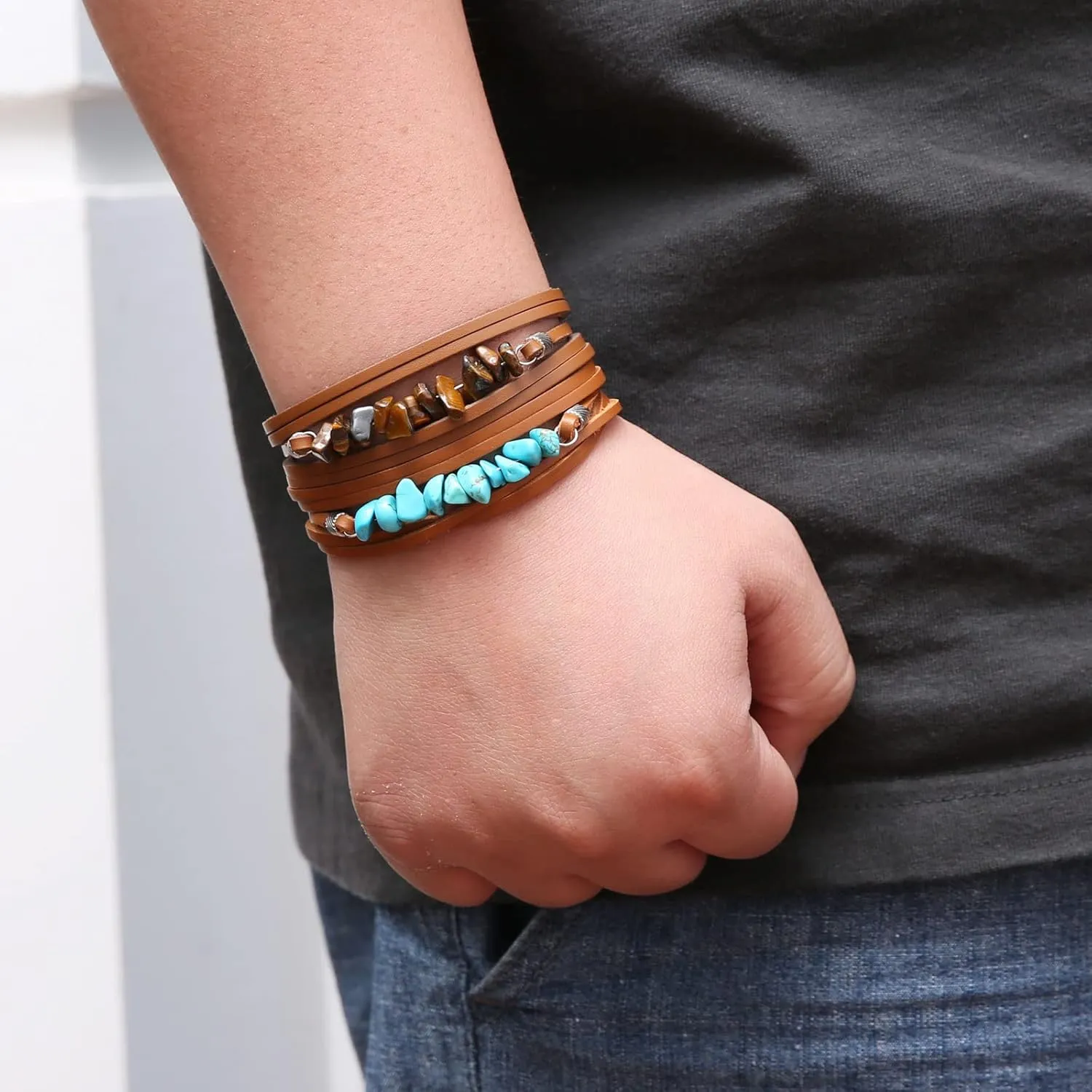 HZMAN Wrap Bracelets Men Women, Hemp Cords Wood Beads Ethnic Tribal Bracelets, Leather Wristbands