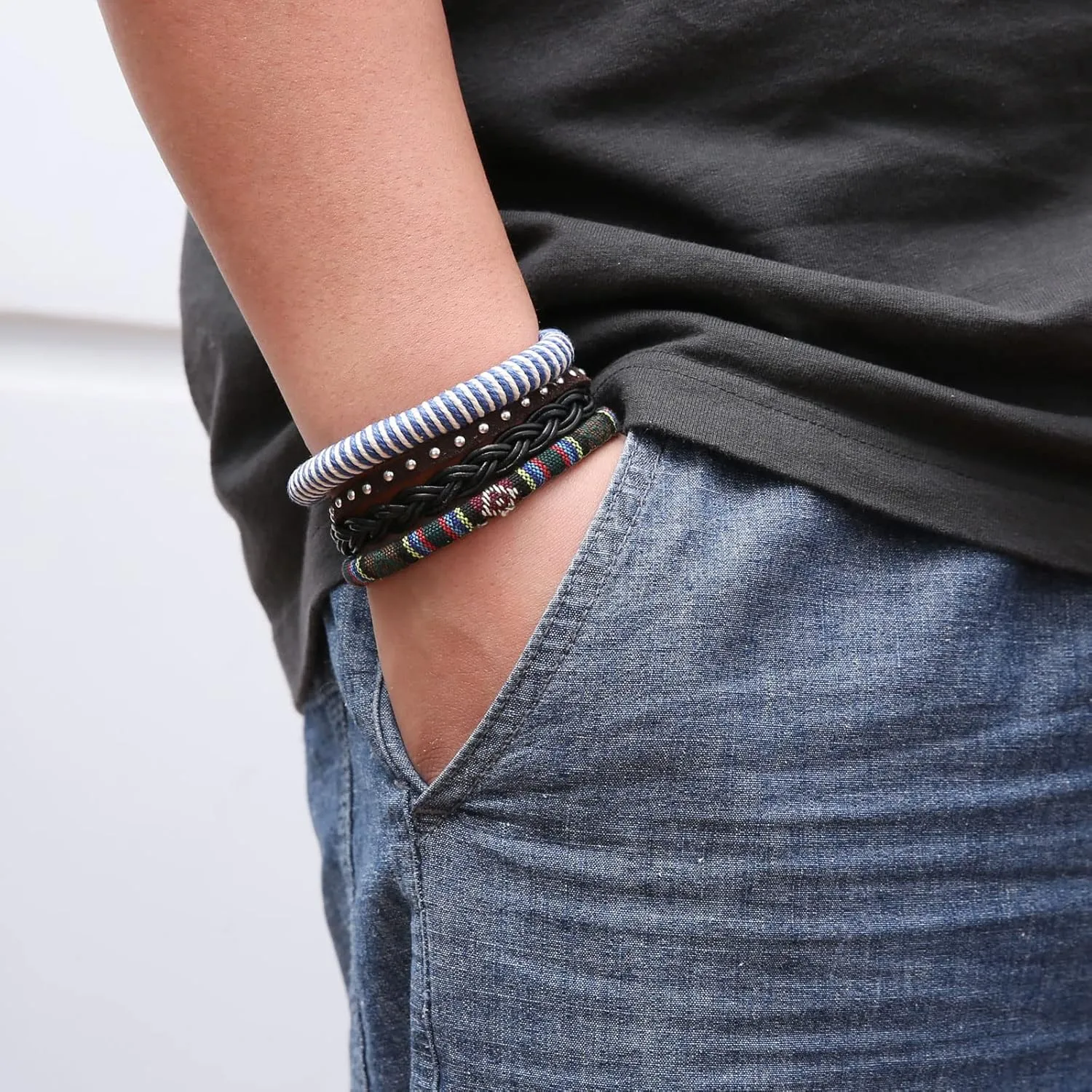 HZMAN Wrap Bracelets Men Women, Hemp Cords Wood Beads Ethnic Tribal Bracelets, Leather Wristbands