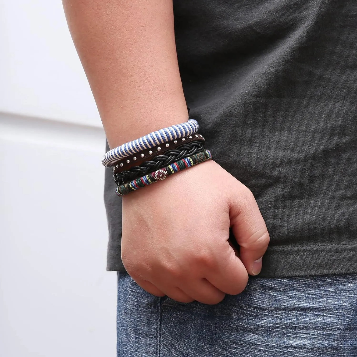 HZMAN Wrap Bracelets Men Women, Hemp Cords Wood Beads Ethnic Tribal Bracelets, Leather Wristbands