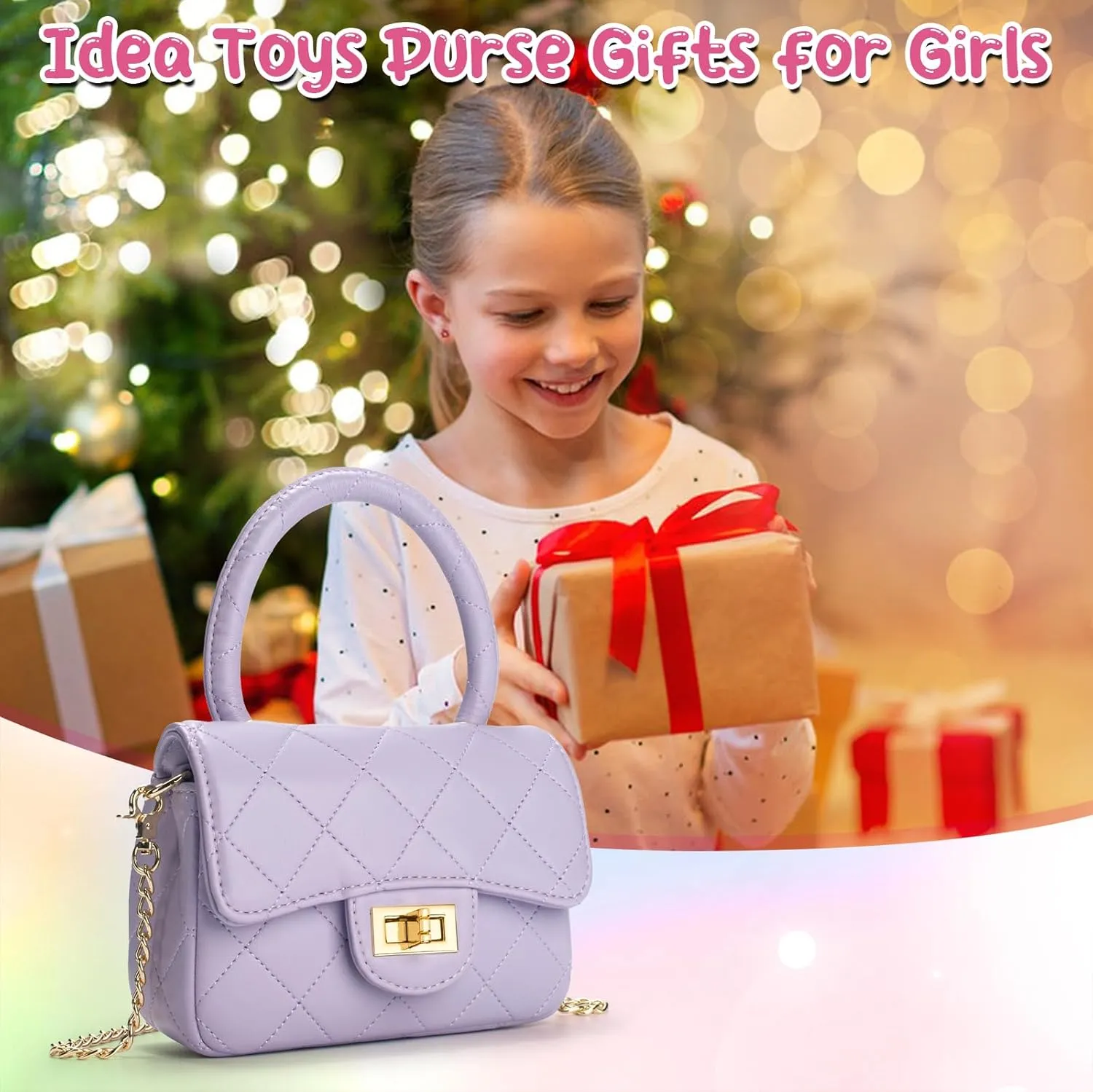 Kids Purse for Girls Ages 3-14, Leather Handle Crossbody Bag for Teen Girls, Cute Princess Flap Handbag, Purple Shoulder Chain Bag, Toddler Purse Gift for Birthday, Christmas
