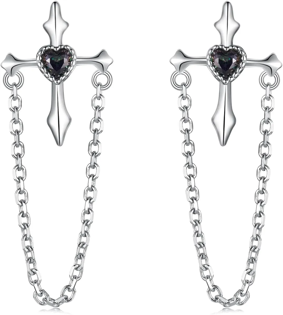 Kokoma Tassel Chain Cross Stud Earrings 925 Sterling Silver Halloween Christmas Earrings Black Crystal CZ Heart Studs Dangle Drop Minimalist Ear Jewelry for Holiday Party