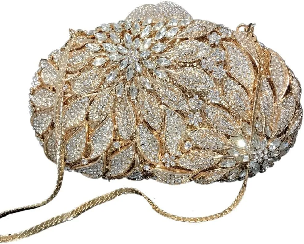 Leaf Flower Set Rhinestone Dinner Bag Banquet Clutch Bag Metal Hard Box Bag