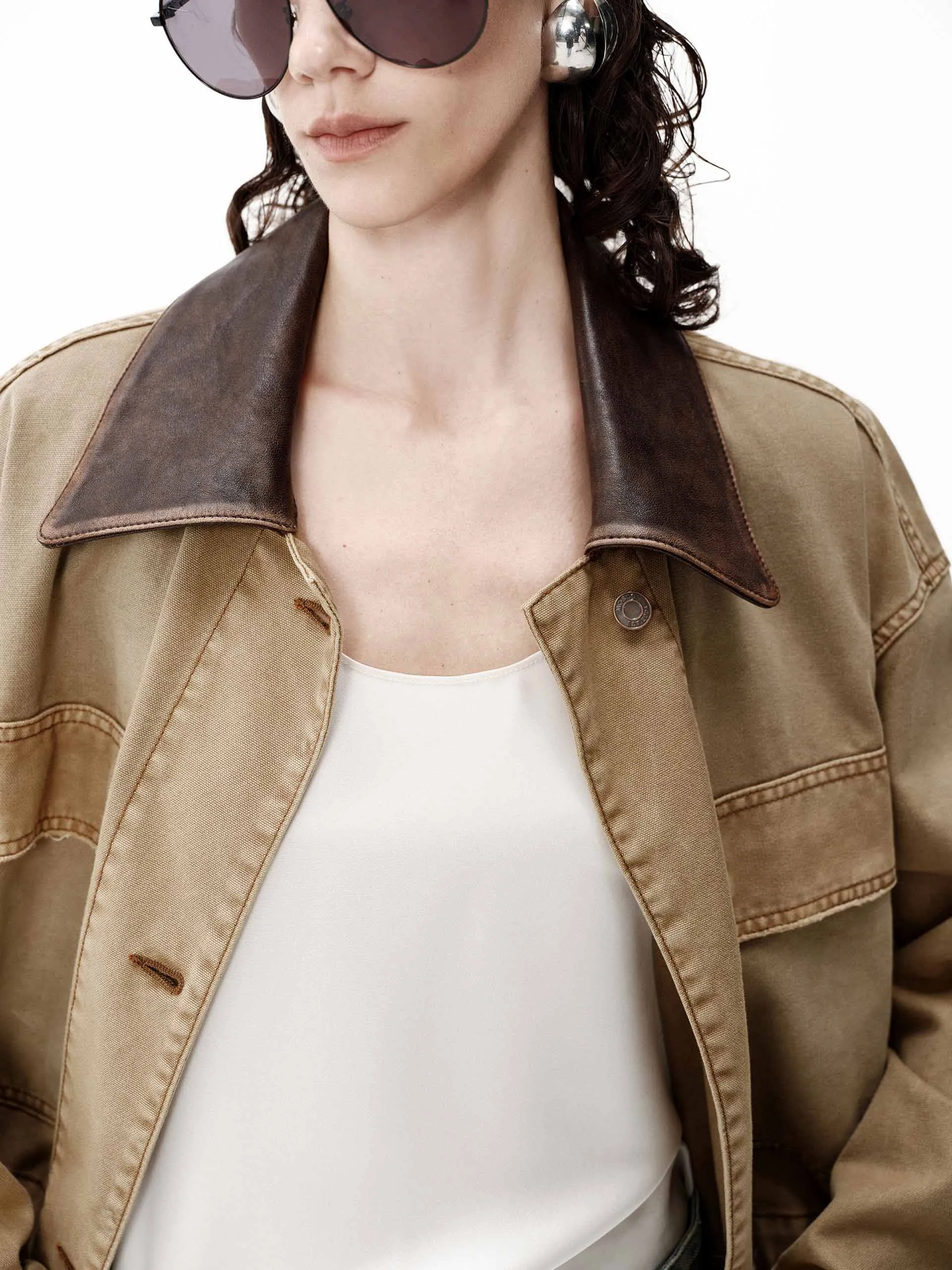 Leather Collar Cargo Jacket