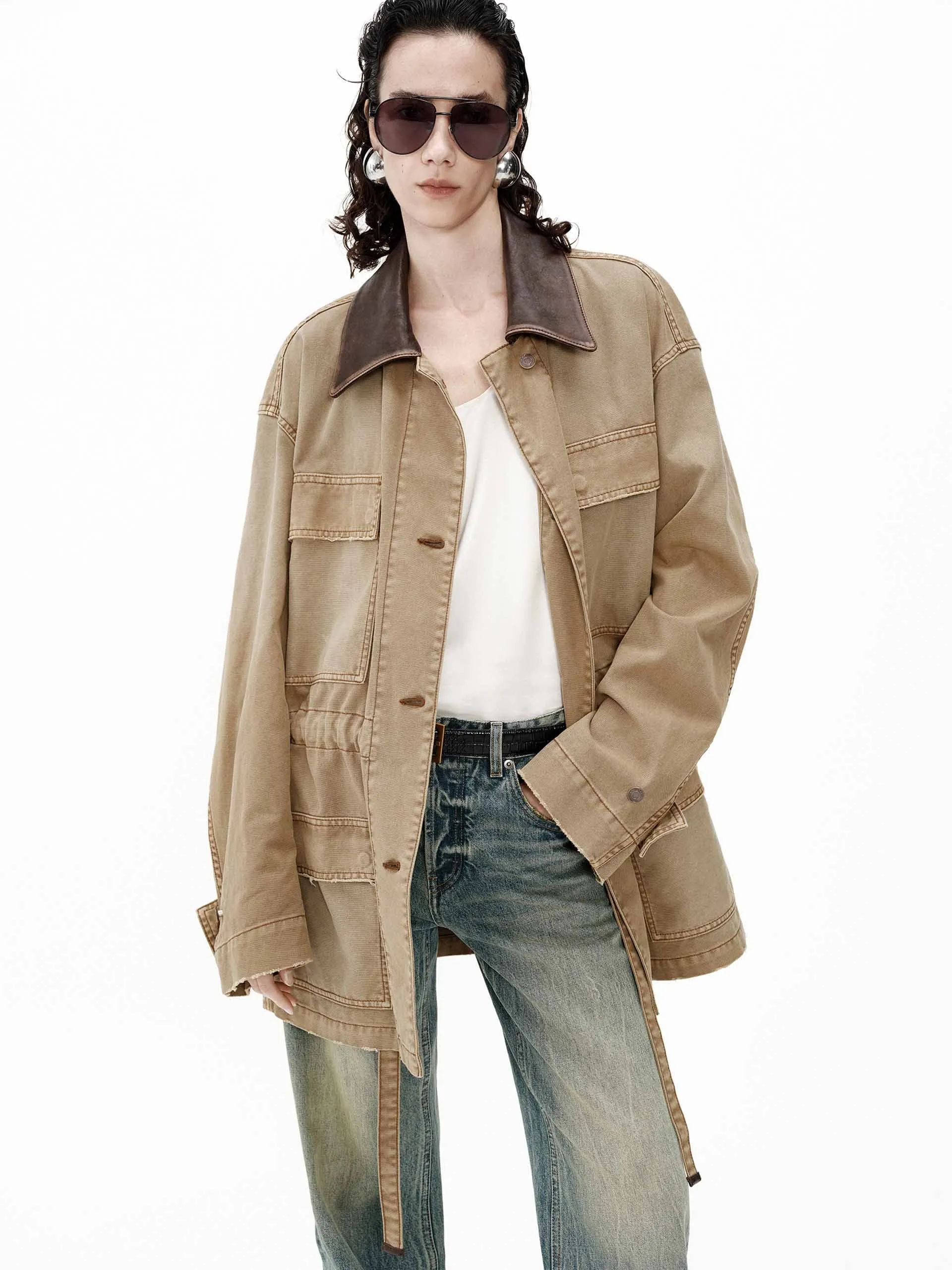 Leather Collar Cargo Jacket
