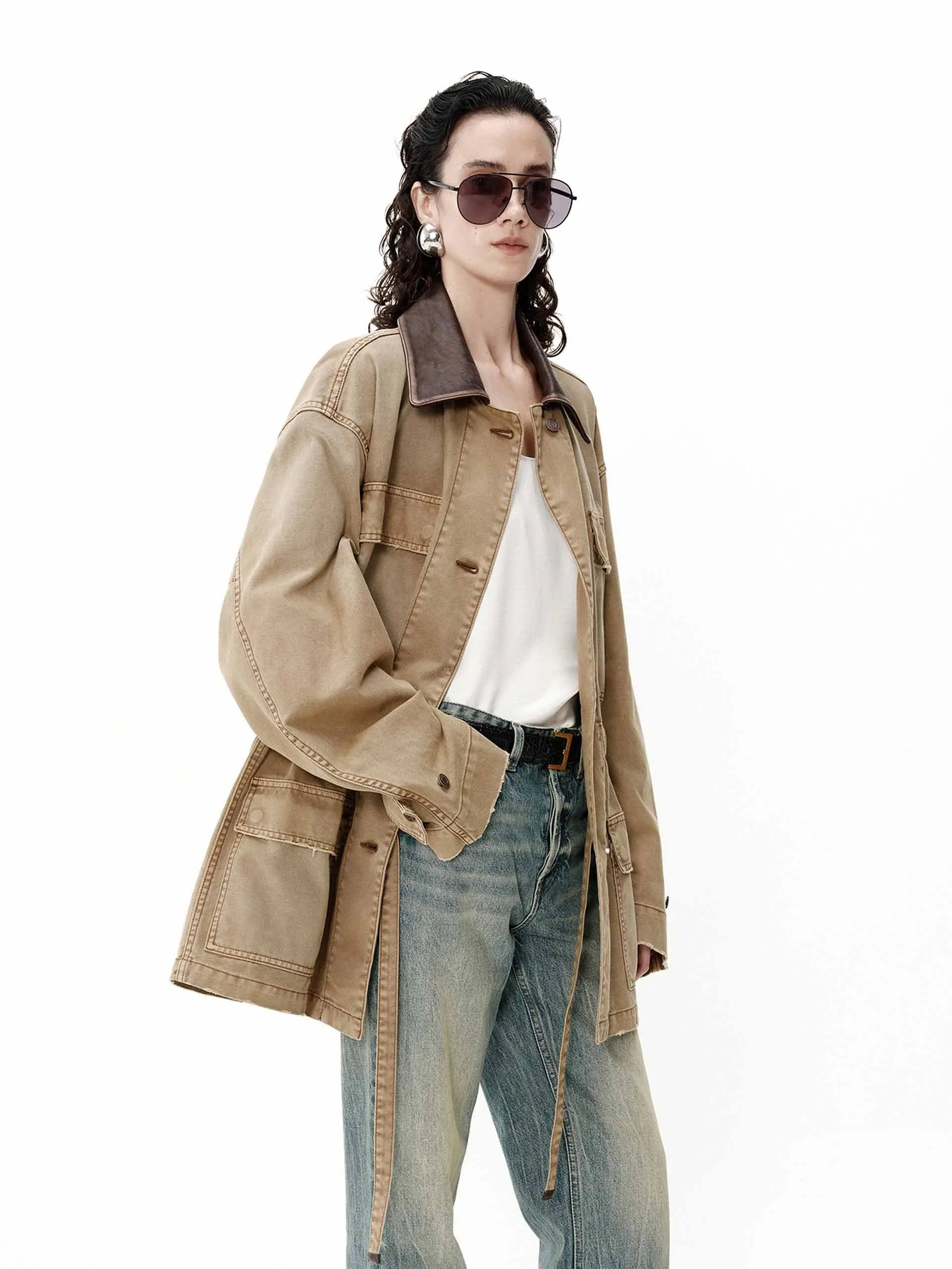 Leather Collar Cargo Jacket