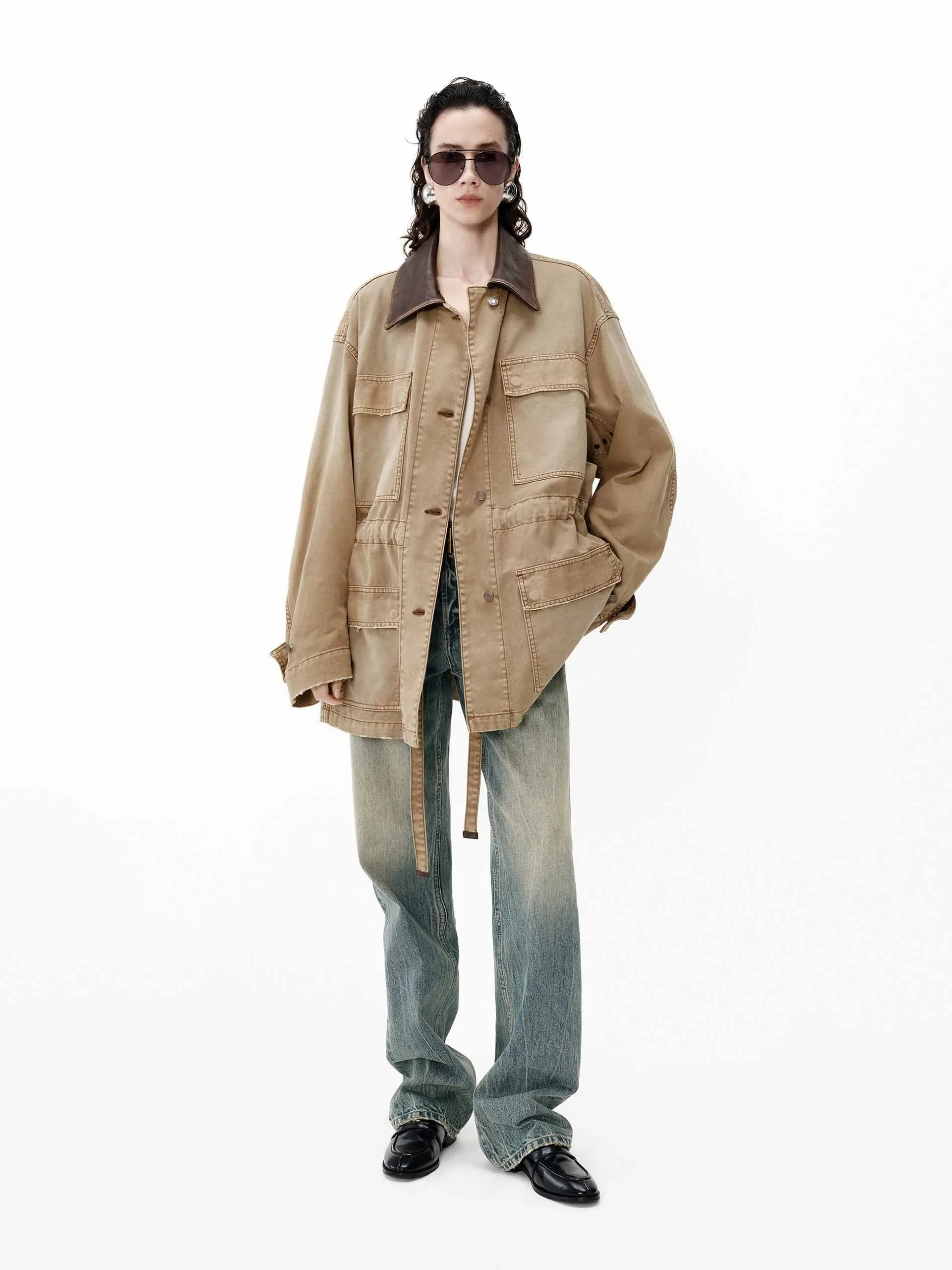 Leather Collar Cargo Jacket